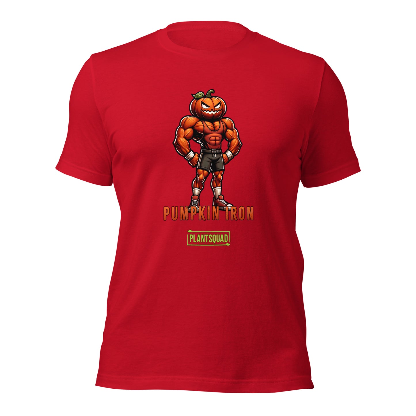 A Plantsquad Pumpkin "Pumpkin Iron" - Unisex T-Shirt featuring a muscular pumpkin-headed character flexing its arms. The character is wearing shorts, trainers, and gloves. The text "PUMPKIN IRON" is displayed in bold orange letters below the character, with "PLANTSQUAD" in green beneath it—perfect for fitness enthusiasts with a vegan lifestyle.