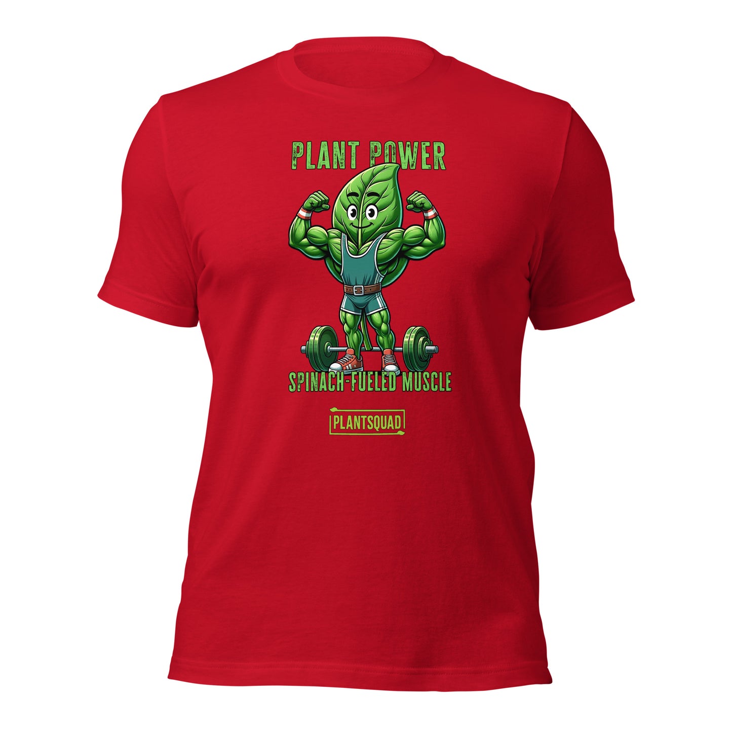 A black Plantsquad Spinach "Plant Power Spinach Fueled Muscle" - Unisex T-Shirt featuring a cartoon spinach leaf with muscular arms, wearing a green outfit and flexing next to a barbell. Perfect for fitness enthusiasts embracing the vegan lifestyle, it boasts "PLANT POWER, SPINACH-FUELED MUSCLE, #PLANTSQUAD" above and below the image.