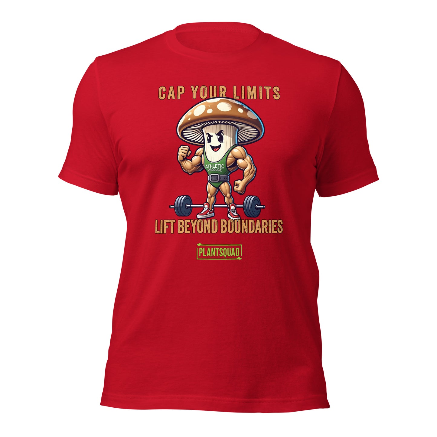 The Plantsquad Mushroom "Cap Your Limits Lift Beyond Boundaries" - Unisex T-Shirt is a black T-shirt featuring a cartoon, muscly mushroom character in athletic gear flexing above a barbell with weights. The text reads "CAP YOUR LIMITS" above the mushroom and "LIFT BEYOND BOUNDARIES" below, with the "PLANTSQUAD" logo at the bottom—a true vegan fitness shirt for those embracing a plant-based lifestyle.