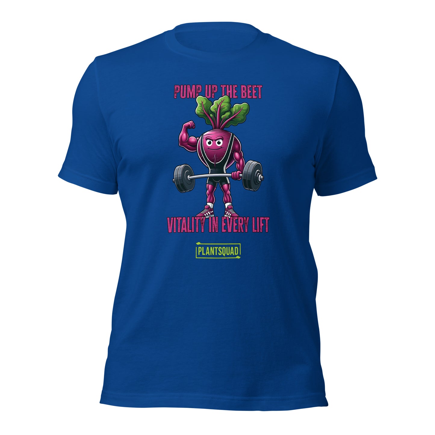 A Plantsquad Beetroot "Pump Up The Beet Vitality In Every Lift" - Unisex T-Shirt showcasing a cartoon beetroot lifting weights with muscular arms. The design includes the text "PUMP UP THE BEET" above the image and "VITALITY IN EVERY LIFT" below it. The phrase "PLANTSQUAD" is prominently displayed at the bottom in yellow and green.