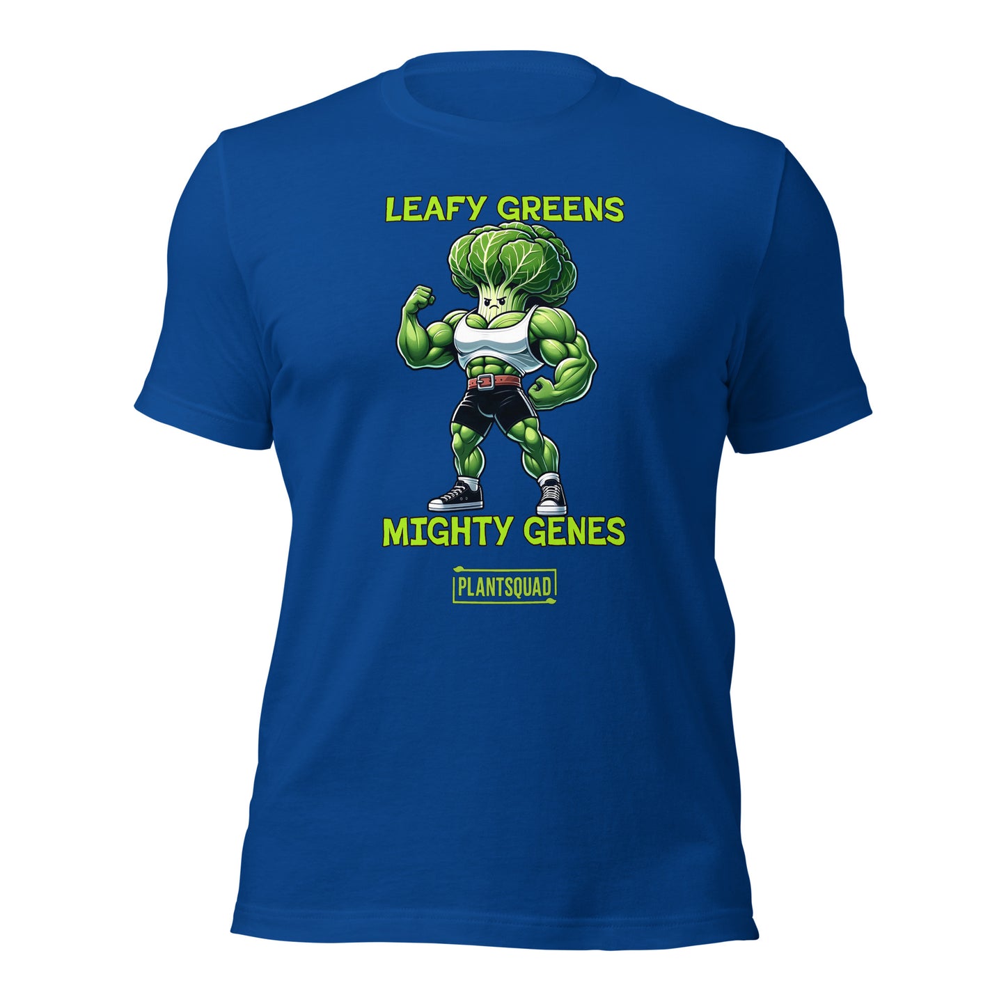 Product Name: Plantsquad Cabbage "Leafy Greens Mighty Genes" - Unisex T-Shirt

A Plantsquad Cabbage "Leafy Greens Mighty Genes" - Unisex T-Shirt featuring a muscular cartoon broccoli character flexing its arms. The text above the character reads "LEAFY GREENS" and below it, "MIGHTY GENES." A small rectangle at the bottom proudly boasts "#plantsquad.