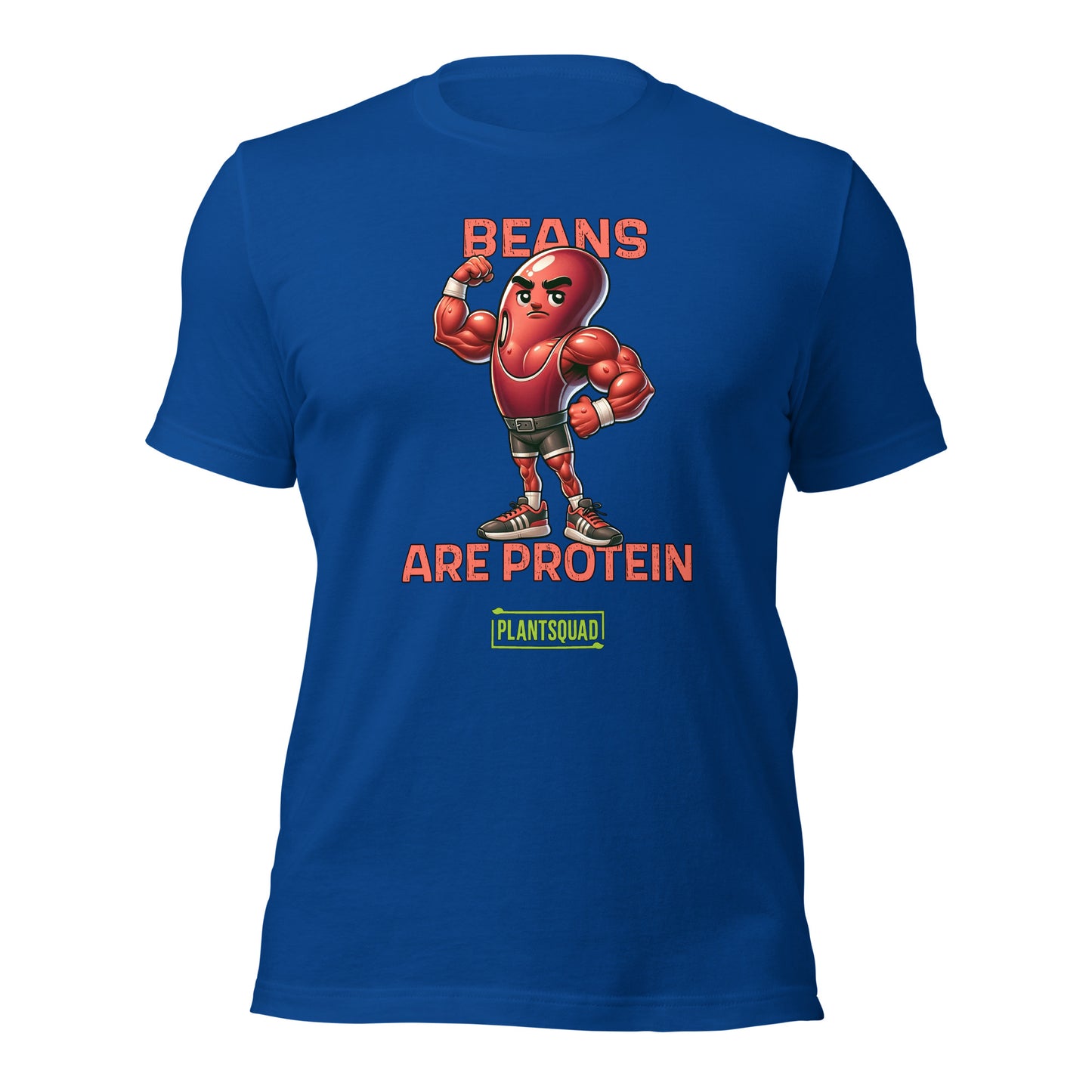 A black t-shirt featuring a muscular cartoon bean character with arms flexed. Above the character, red text reads "Beans," and below it, "Are Protein" is displayed in orange. Beneath that, the word "Plantsquad" is prominently written in green — Plantsquad Kidney Bean "Beans Are Protein" - Unisex T-Shirt.