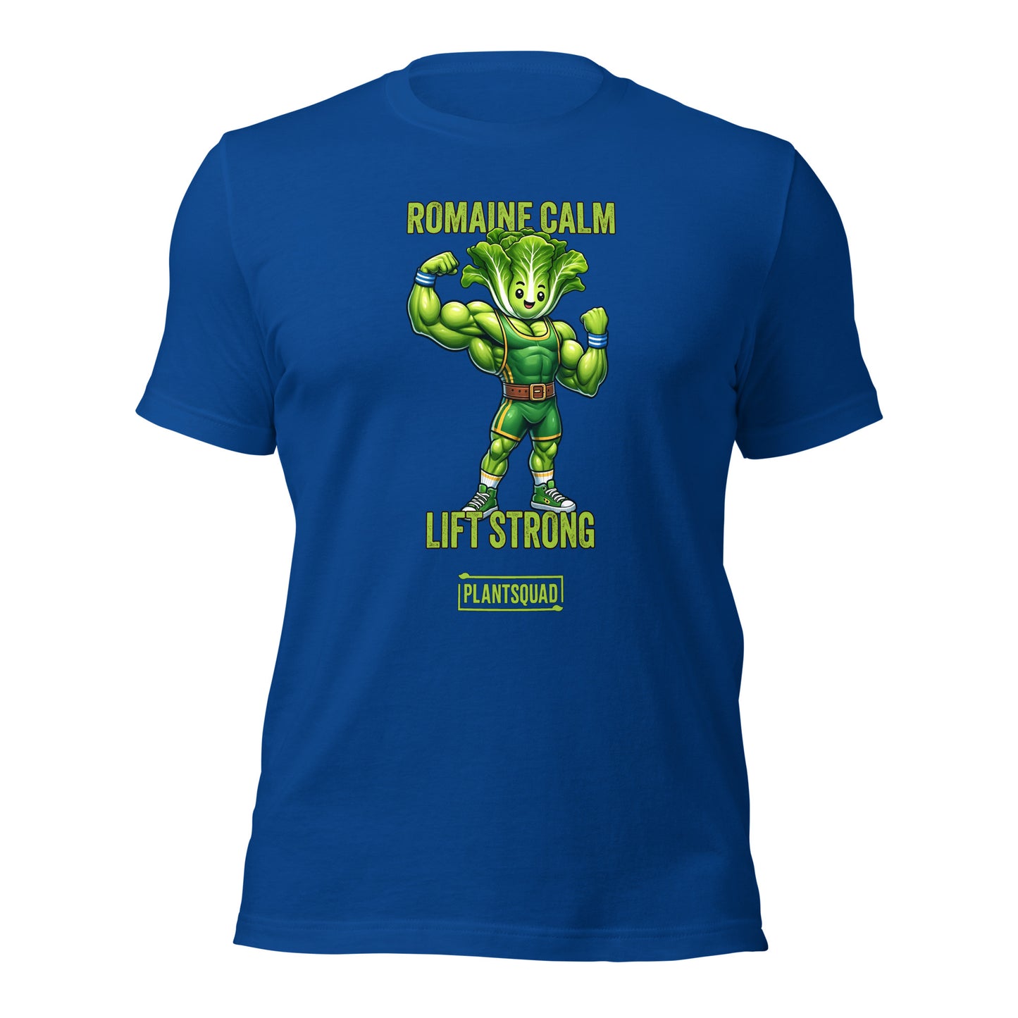 Product Name: Plantsquad Lettuce "Romaine Calm Lift Strong" - Unisex T-Shirt

Sentence: A black T-shirt featuring an illustration of a muscular, anthropomorphic lettuce lifting weights. Perfect for fitness enthusiasts embracing a vegan lifestyle, it reads "ROMAINE CALM" above the illustration and "LIFT STRONG" below, with "Plantsquad Lettuce 'Romaine Calm Lift Strong' - Unisex T-Shirt" at the bottom.