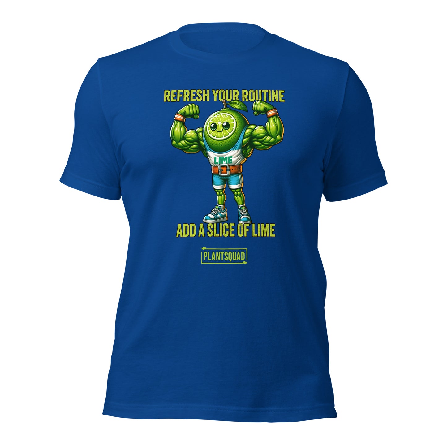 A black Plantsquad Lime "Refresh Your Routine Add A Slice Of Lime" - Unisex T-Shirt featuring an image of a muscular lime slice character wearing sports attire with the number 93. Above the character, the text reads "Refresh Your Routine," and below, "Add a Slice of Lime." At the bottom, the word "Plant Squad" is displayed, promoting a plant-based lifestyle.