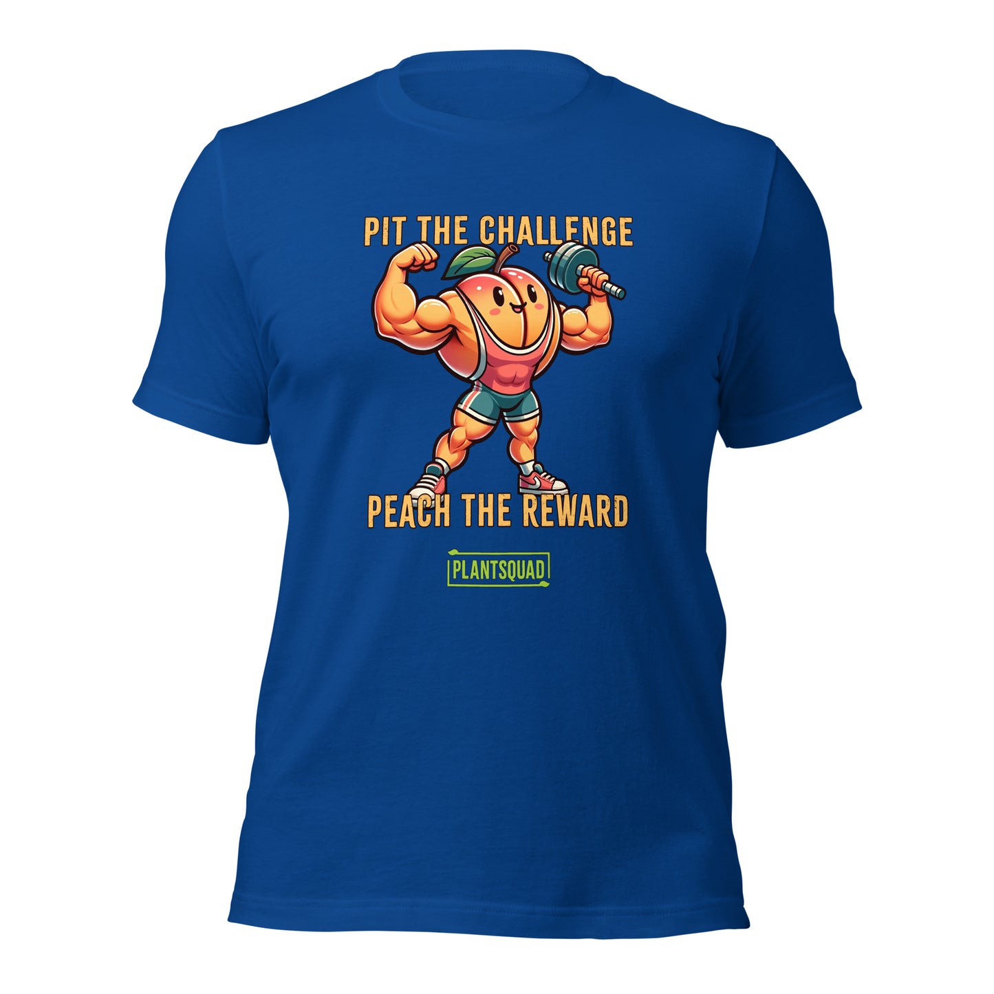 A Plantsquad Peach "Pit The Challenge Peach The Rewards" - Unisex T-Shirt with a graphic of a muscular peach character lifting a barbell. The text above and below the character reads, "Pit the challenge, Peach the reward." Made from high-quality breathable fabric, it features a green logo saying "Plantsquad" at the bottom—perfect for fitness enthusiasts embracing a vegan lifestyle.