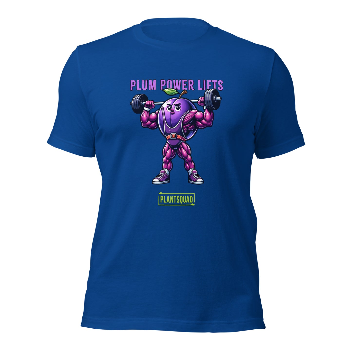 Plantsquad Plum "Plum Power Lifts" - Unisex T-Shirt featuring a cartoon plum with muscular arms and legs lifting a barbell. The text above the image reads "Plum Power Lifts" and below it, there's a logo with "PLANTSQUAD." Perfect for fitness enthusiasts embracing a vegan lifestyle, the plum character is depicted in a vibrant, exaggerated style.