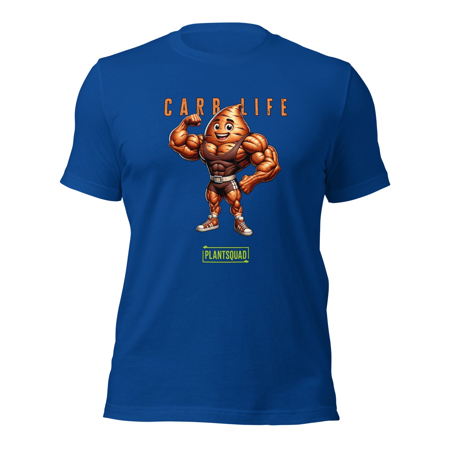 Plantsquad Sweet Potato "Carb Life" - Unisex T-Shirt featuring a muscular, flexing potato character with a smiley face. Above the character, text reads "CARB LIFE" in bold letters. Below the character, the word "PLANTSQUAD" appears in a green banner. Perfect for those embracing a plant based lifestyle and looking for unique fitness clothing.