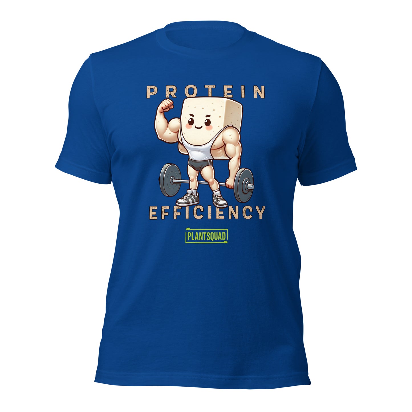 The Plantsquad Tofu "Protein Efficiency" - Unisex T-Shirt features a muscly tofu design with arms, legs, and a headband, lifting a barbell. The text above and below the character reads "PROTEIN EFFICIENCY." The phrase "Plant Squad" is printed below the illustration, perfect for those embracing a vegan fitness journey.