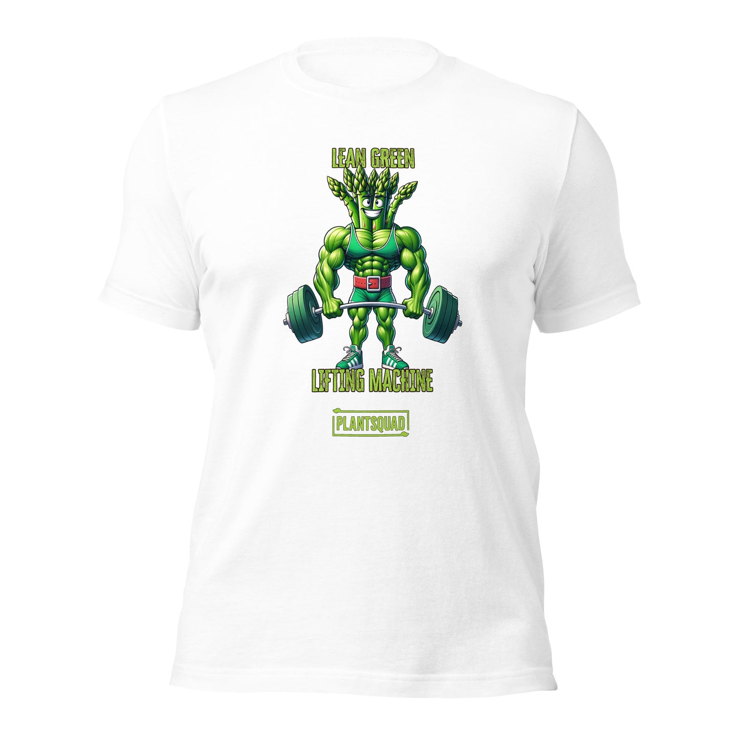 A black T-shirt featuring a muscular green creature holding barbells, under the text "LEAN GREEN LIFTING MACHINE." Below the graphic, a text box proudly reads "Plantsquad Asparagus 'Lean Green Lifting Machine' - Unisex T-Shirt" to represent your team.