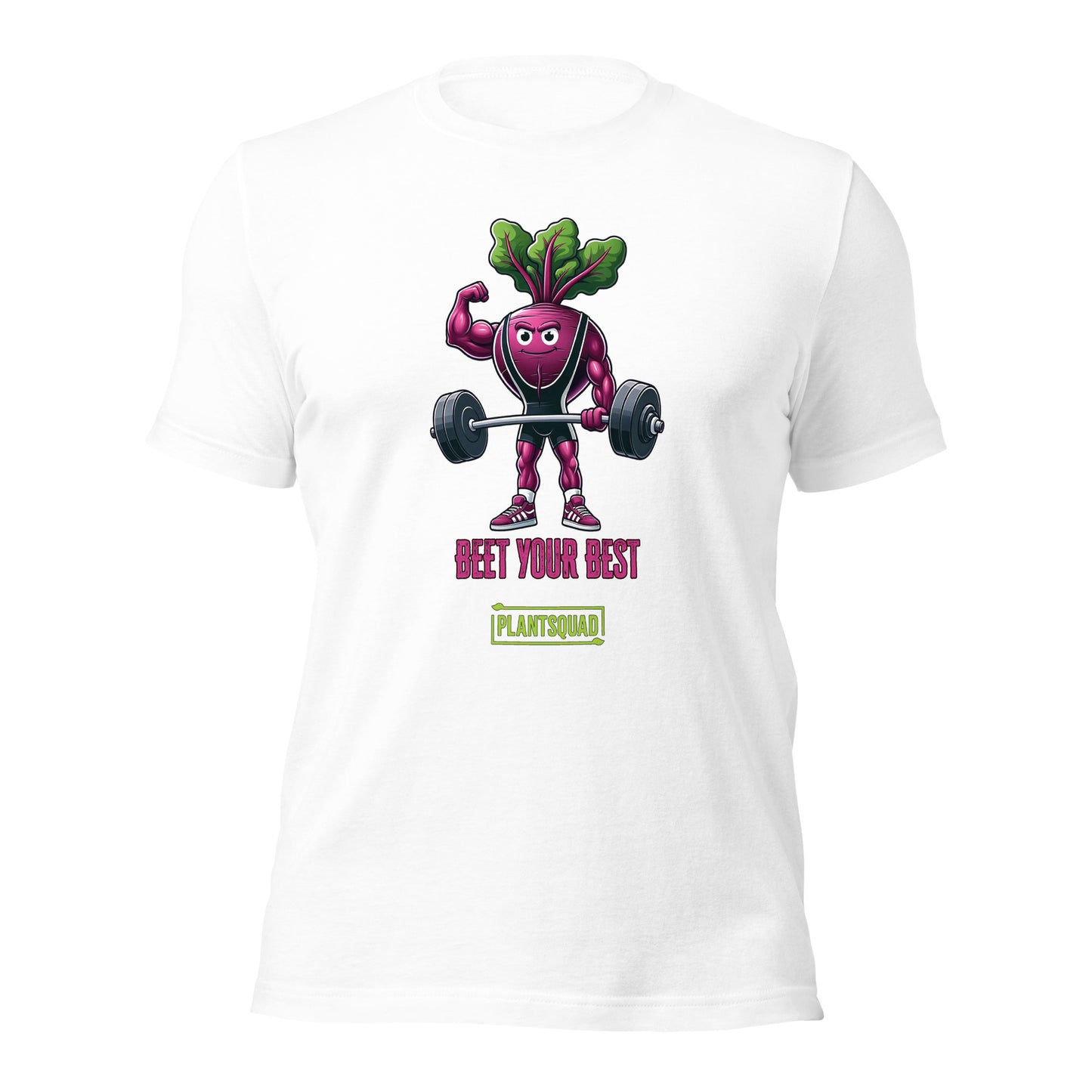 A Plantsquad Beetroot "Beet Your Best" - Unisex T-Shirt featuring a cartoon beetroot lifting weights with a determined expression. Above the beetroot, the text reads, "BEET YOUR BEST," while below it, "PLANTSQUAD" is showcased in a green box.