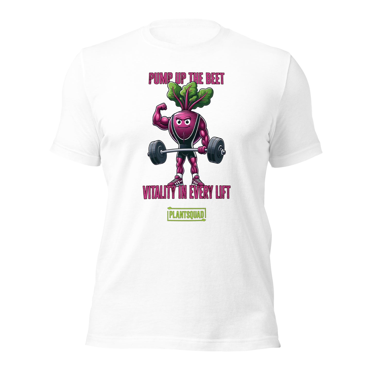 A Plantsquad Beetroot "Pump Up The Beet Vitality In Every Lift" - Unisex T-Shirt showcasing a cartoon beetroot lifting weights with muscular arms. The design includes the text "PUMP UP THE BEET" above the image and "VITALITY IN EVERY LIFT" below it. The phrase "PLANTSQUAD" is prominently displayed at the bottom in yellow and green.