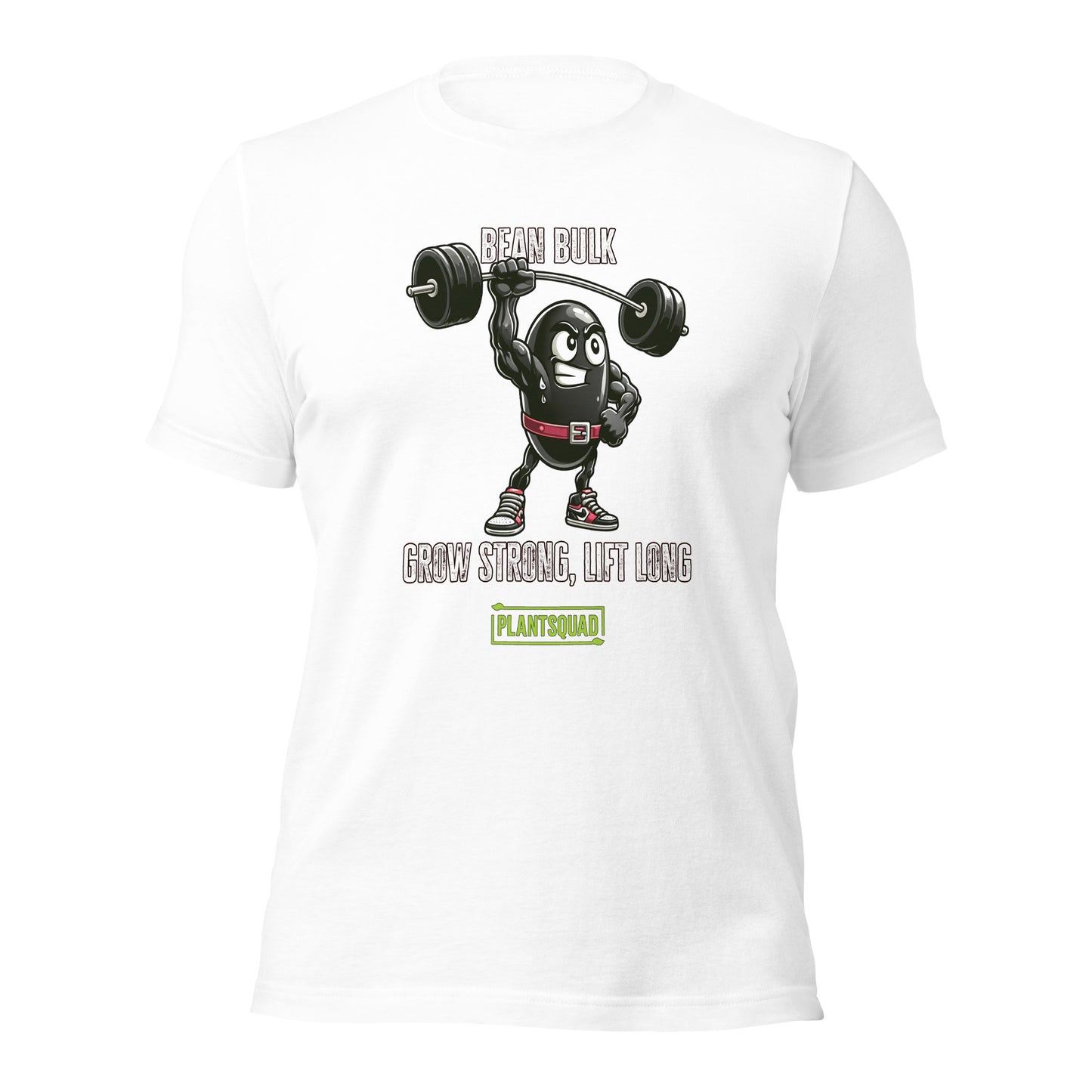 The Plantsquad Black Bean "Bean Bulk Grow Strong Lift Long" - Unisex T-Shirt features a muscular cartoon bean character lifting a barbell. The text above the character reads "Bean Bulk" and below it says "Grow Strong, Lift Long." Proudly show your loyalty to the Plantsquad with the word displayed in a green box at the bottom.