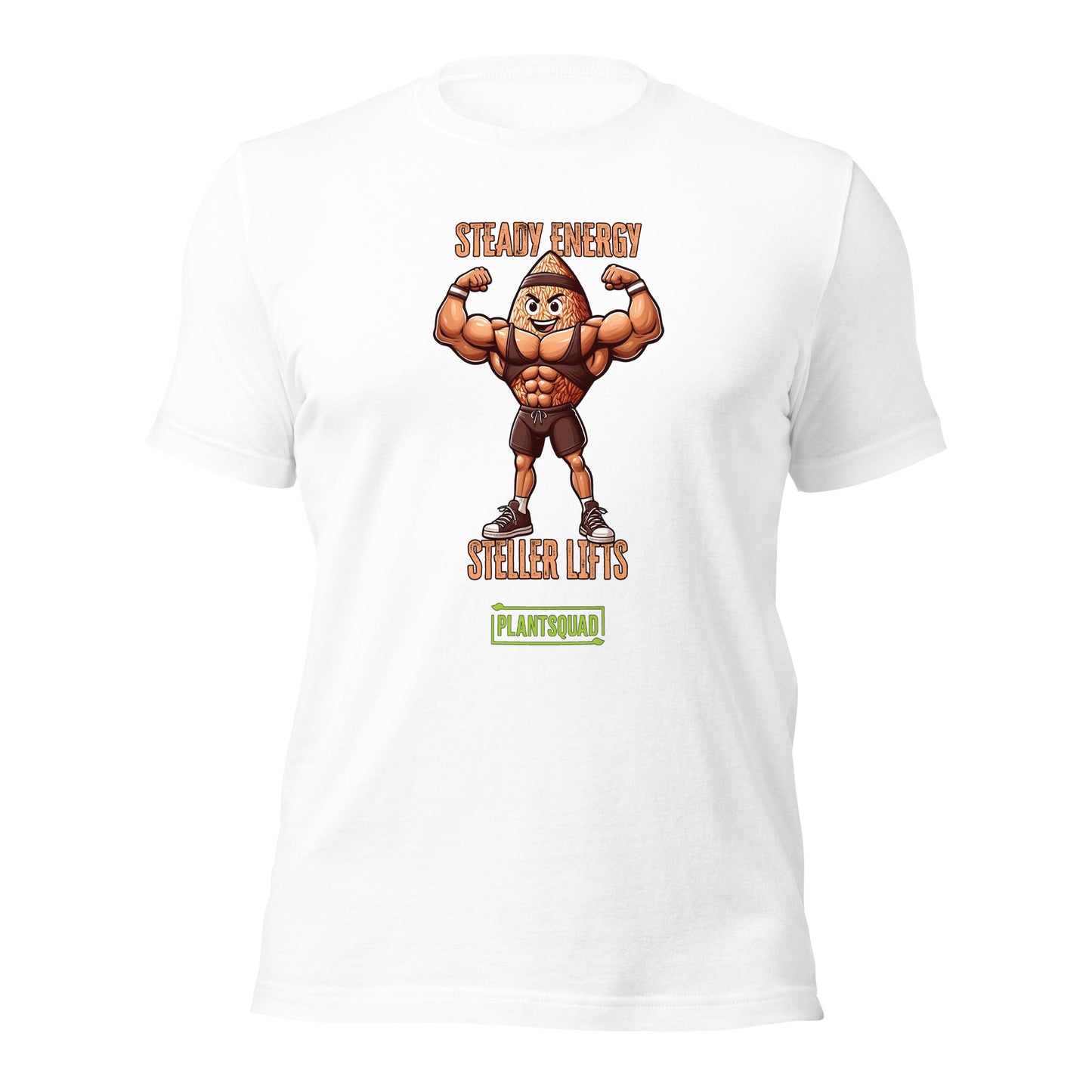 A black t-shirt features an illustration of a muscular peanut character flexing its arms. Above the character, text reads "STEADY ENERGY," and below, text reads "STELLAR LIFTS." A green box at the bottom proudly displays the word "Plantsquad Brown Rice 'Steady Energy Stellar Lifts' - Unisex T-Shirt.