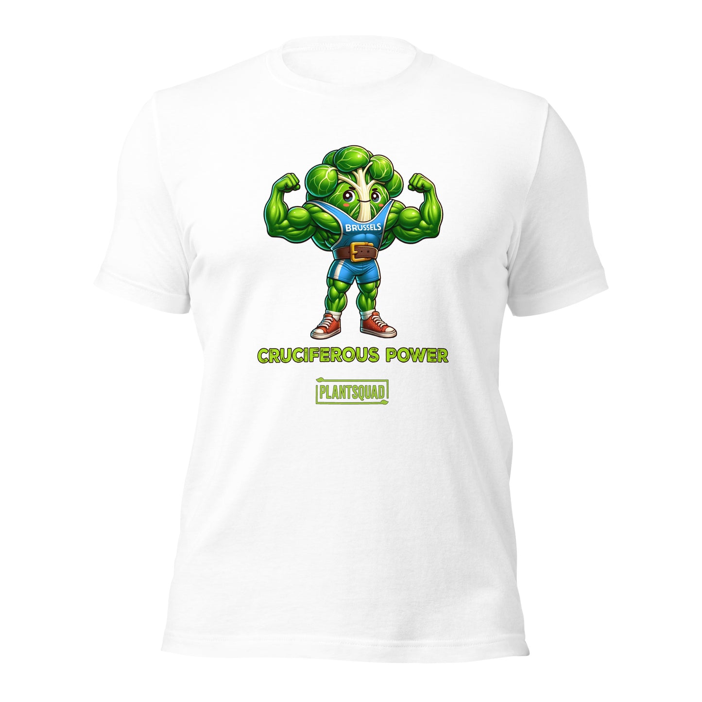 A Plantsquad Brussel Sprout "Cruciferous Power" - Unisex T-Shirt features a muscular cartoon broccoli character in a blue top flexing its biceps. Below the character, bold text reads "CRUCIFEROUS POWER", while underneath in smaller text is the keyword hashtag "plantsquad".