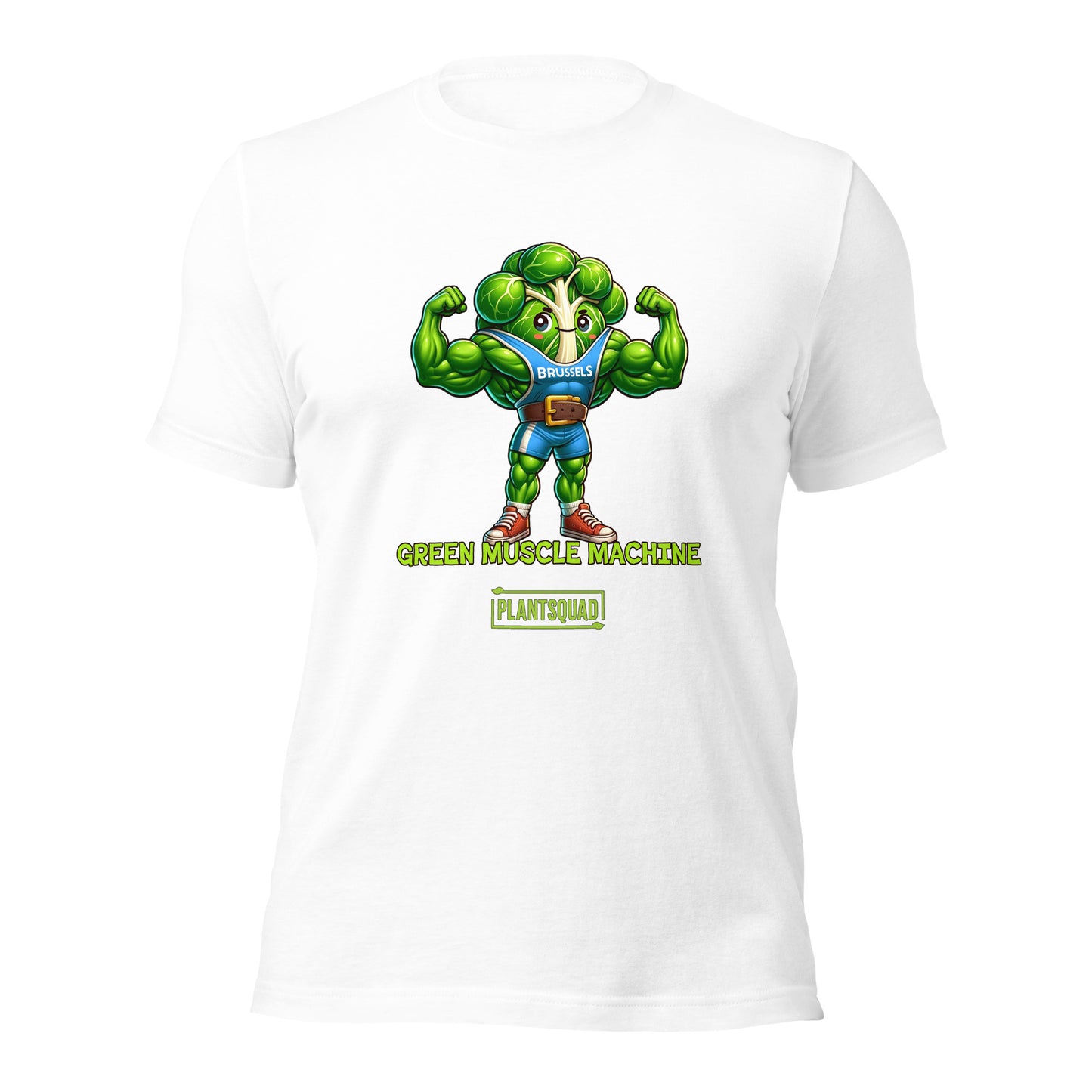 The Plantsquad Brussel Sprout "Green Muscle Machine" - Unisex T-Shirt showcases a muscular, anthropomorphic green broccoli character in a blue tank top flexing its arms. Below the character, the words "GREEN MUSCLE MACHINE" and "#PLANTSQUAD" are emblazoned in vibrant green text.