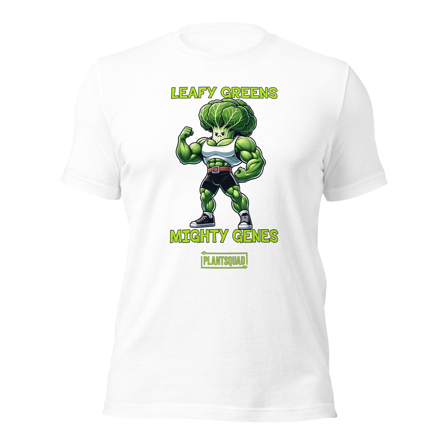 Product Name: Plantsquad Cabbage "Leafy Greens Mighty Genes" - Unisex T-Shirt

A Plantsquad Cabbage "Leafy Greens Mighty Genes" - Unisex T-Shirt featuring a muscular cartoon broccoli character flexing its arms. The text above the character reads "LEAFY GREENS" and below it, "MIGHTY GENES." A small rectangle at the bottom proudly boasts "#plantsquad.