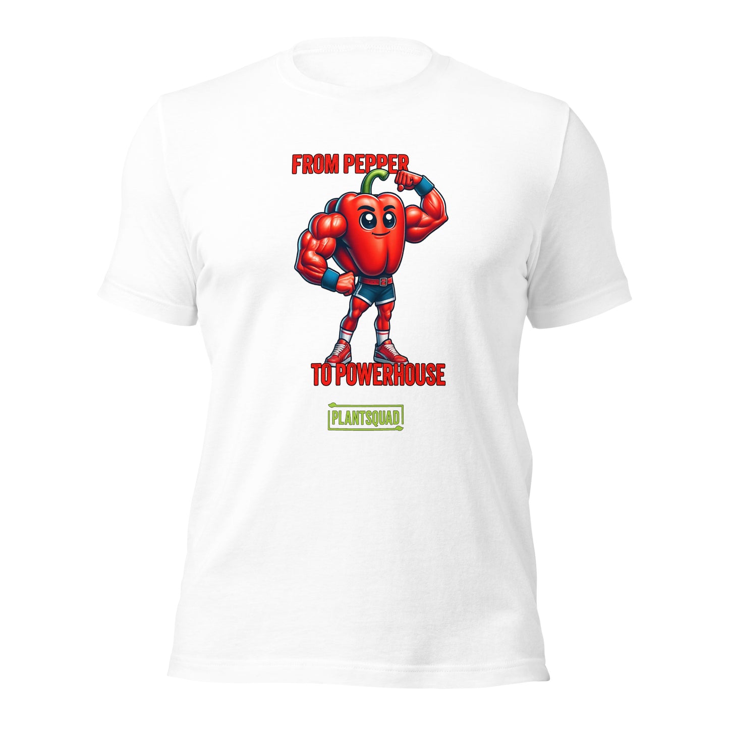 The Plantsquad Capsicum "From Pepper To Powerhouse" - Unisex T-Shirt features a muscular cartoon red bell pepper wearing a superhero outfit with a blue mask and gloves. The text above the character reads "FROM PEPPER TO POWERHOUSE" and below it, #PLANTSQUAD is displayed in a green box.