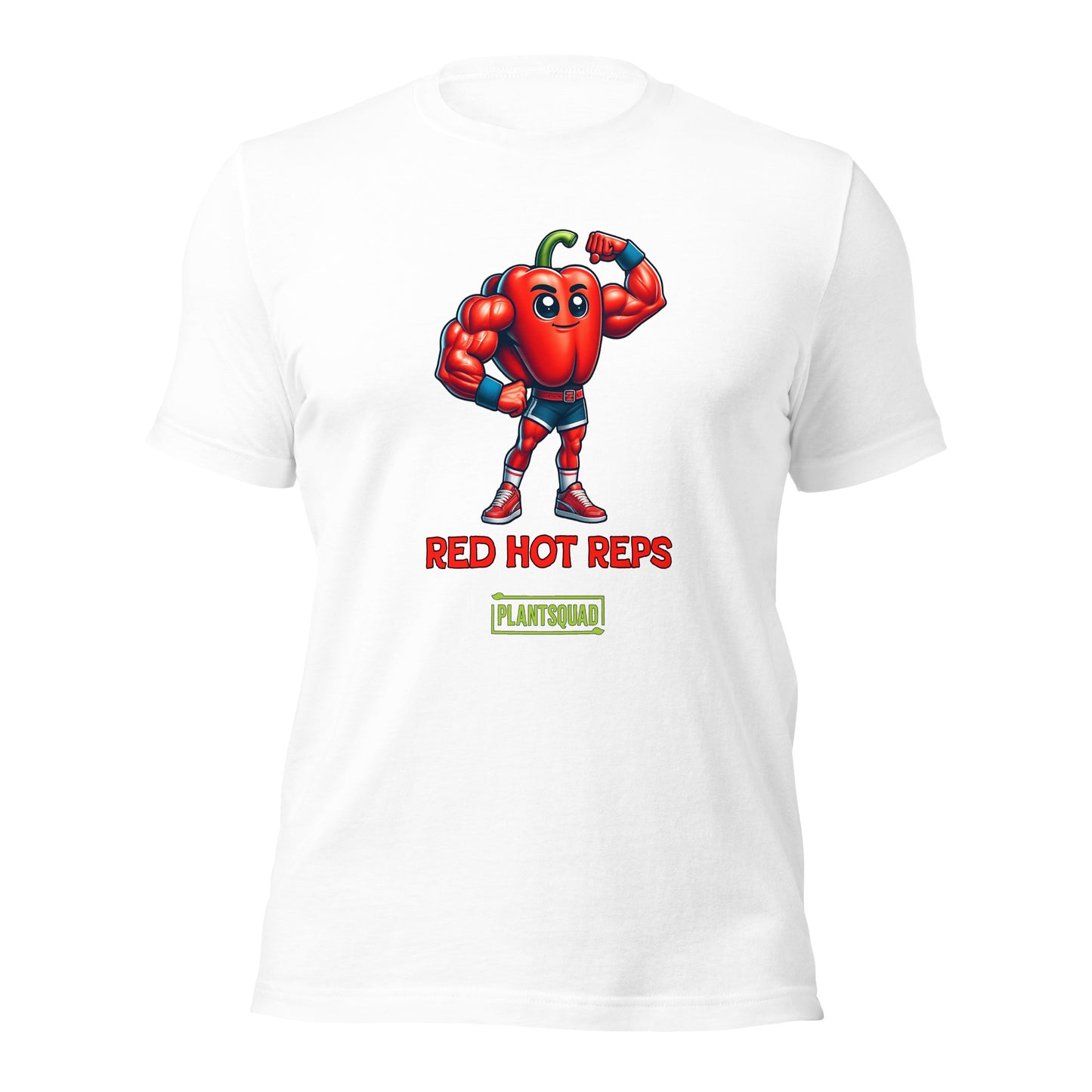 A Plantsquad Capsicum "Red Hot Reps" - Unisex T-Shirt featuring an illustration of a muscular red pepper character flexing its arms. Below the character are the words "RED HOT REPS" in bold red letters, and "PLANTSQUAD" in vibrant green text with a yellow border, showcasing your love for fitness and plant power.