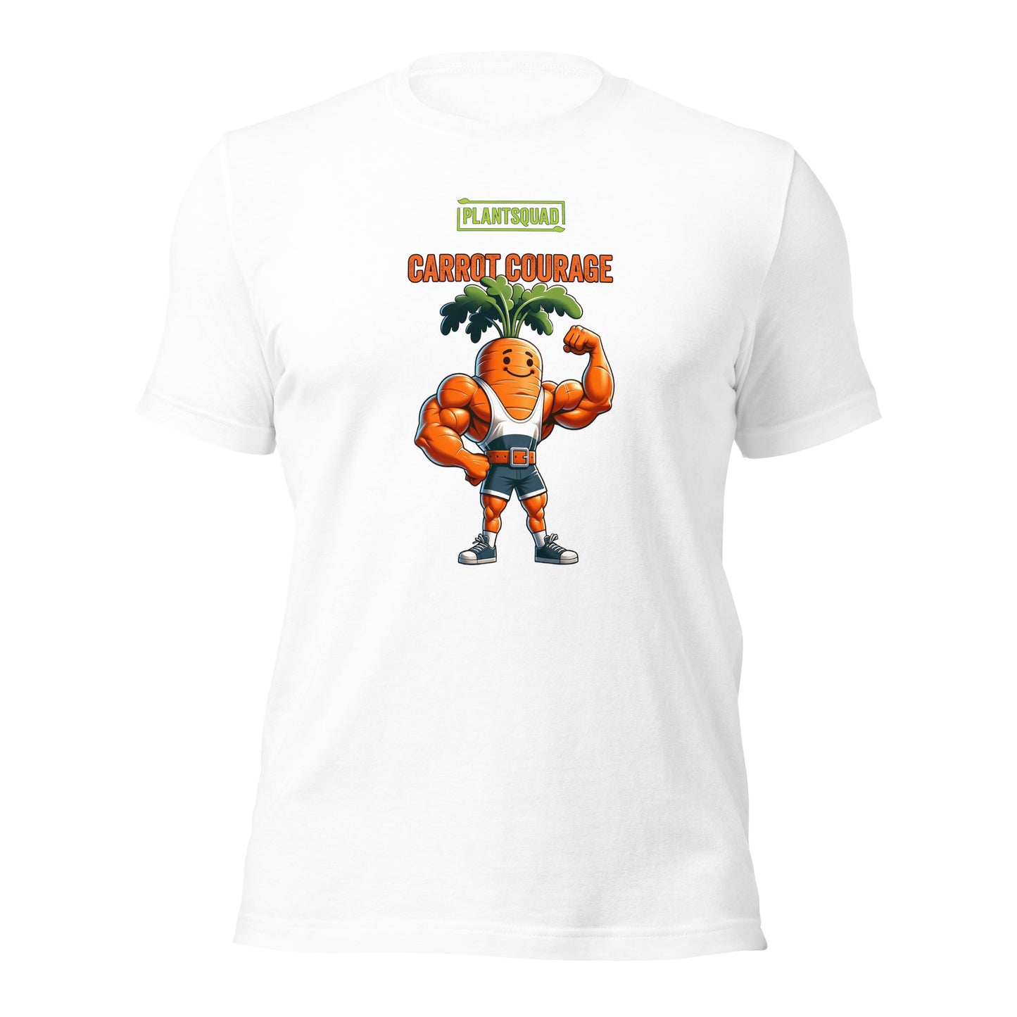 Plantsquad Carrot "Carrot Courage" - Unisex T-Shirt featuring a muscular carrot character flexing its muscles, with "PLANTSQUAD" boldly above and "CARROT COURAGE" below. The carrot sports a smiling face and green leafy hair, proudly representing the plantsquad.