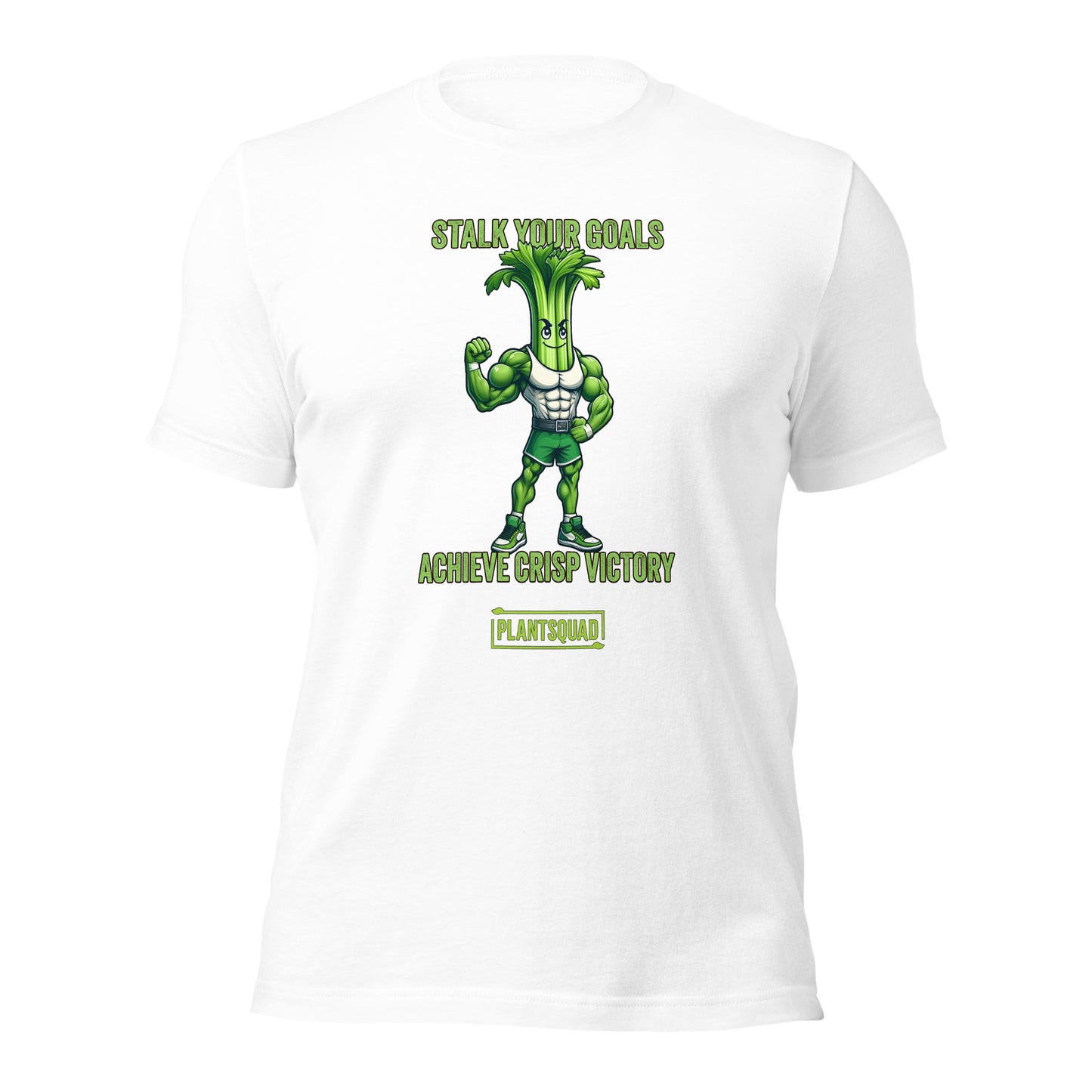 A Plantsquad Celery "Stalk Your Goals Achieve Crisp Victory" - Unisex T-Shirt featuring an illustration of a muscular celery stalk character flexing its arm. The shirt proudly displays "STALK YOUR GOALS" at the top and "ACHIEVE CRISP VICTORY" below the character, with "PLANTSQUAD" showcased in a box at the bottom. Perfect for any plantsquad enthusiast!