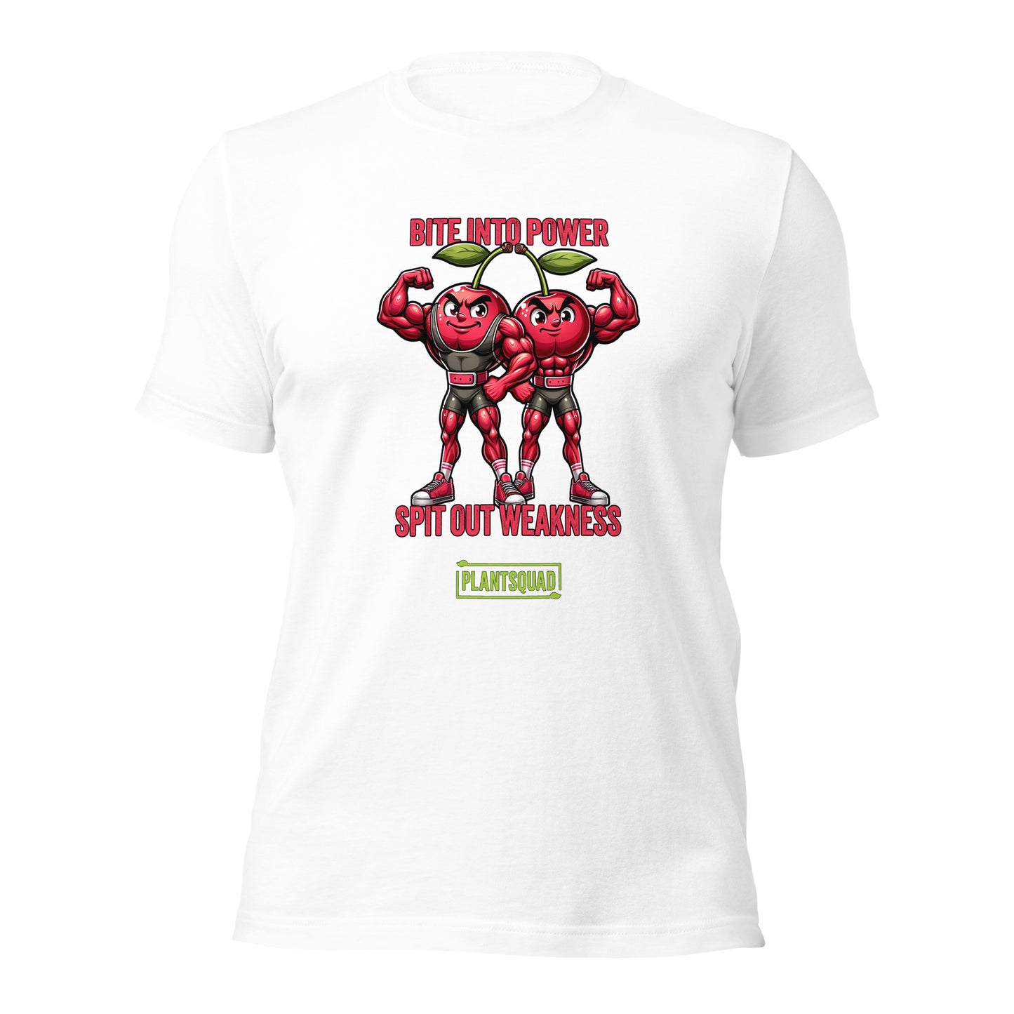 A black Plantsquad Cherries "Bite Into Power Spit Out Weakness" - Unisex T-shirt features two muscular cartoon cherries flexing their arms. Above them, pink text reads "Bite Into Power." Below them, white text reads "Spit Out Weakness." At the bottom, there's a green and yellow Plantsquad logo.