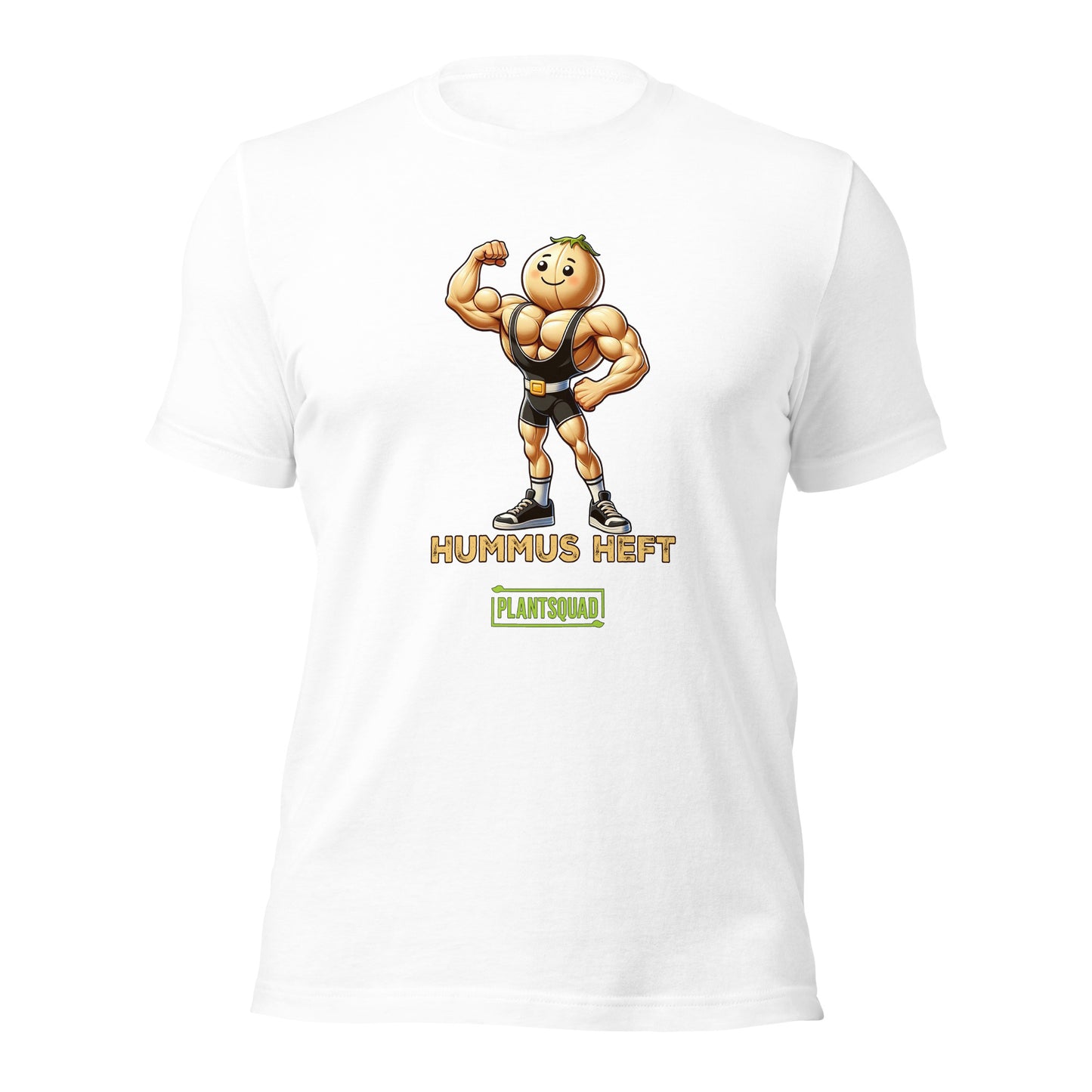 A Plantsquad Chickpea "Hummus Heft" - Unisex T-Shirt featuring a muscular chickpea character flexing its arms. Below the character, the text proudly reads, "HUMMUS HEFT" and "#PLANTSQUAD." The character and text are printed in vibrant yellow and white, adding striking contrast to the black shirt.