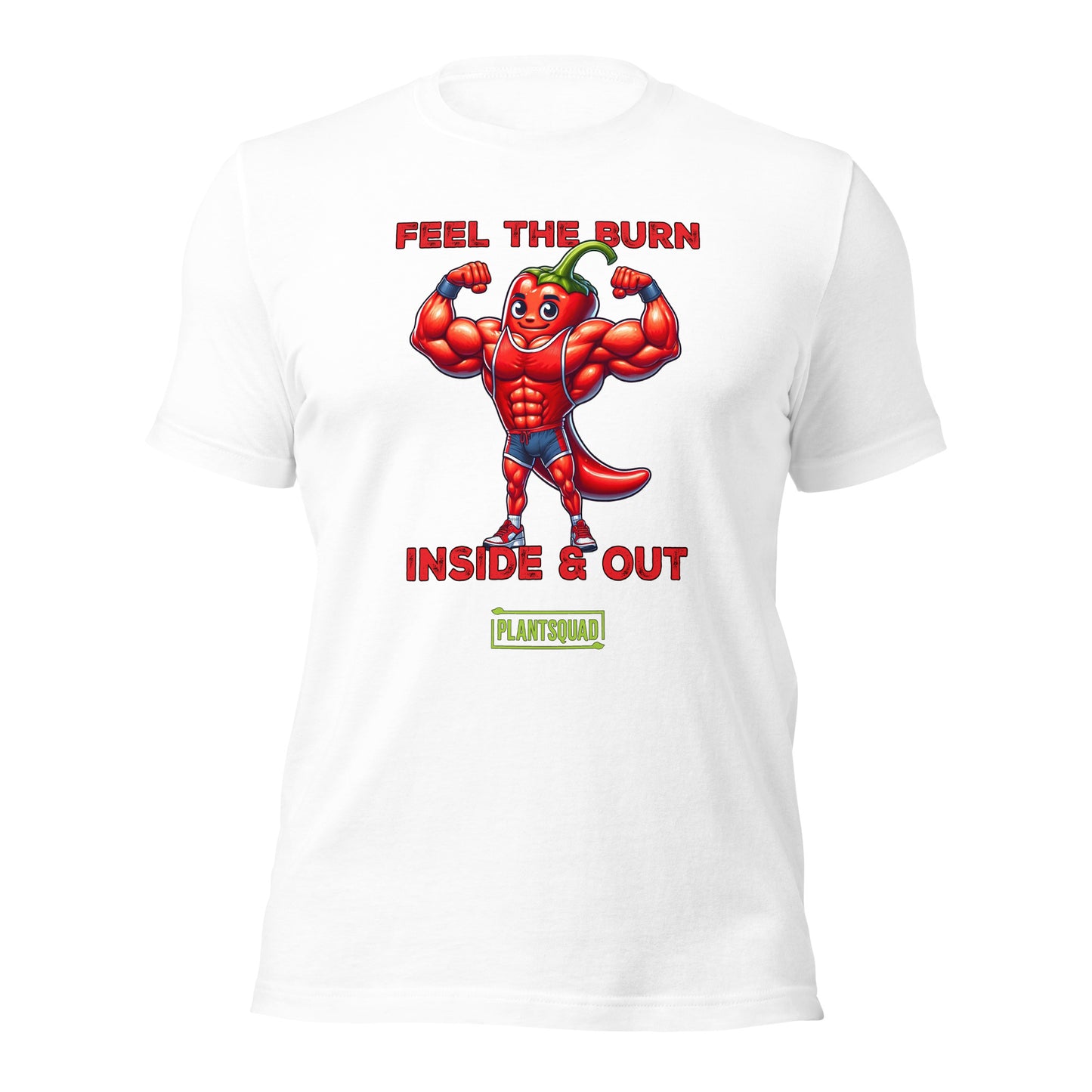 A black T-shirt showcases a muscular, flexing chili pepper character above bold red and white text that reads "FEEL THE BURN INSIDE & OUT". Below this, "Plantsquad Chilli 'Feel The Burn Inside & Out' - Unisex T-Shirt" is prominently featured inside a green rectangular box.