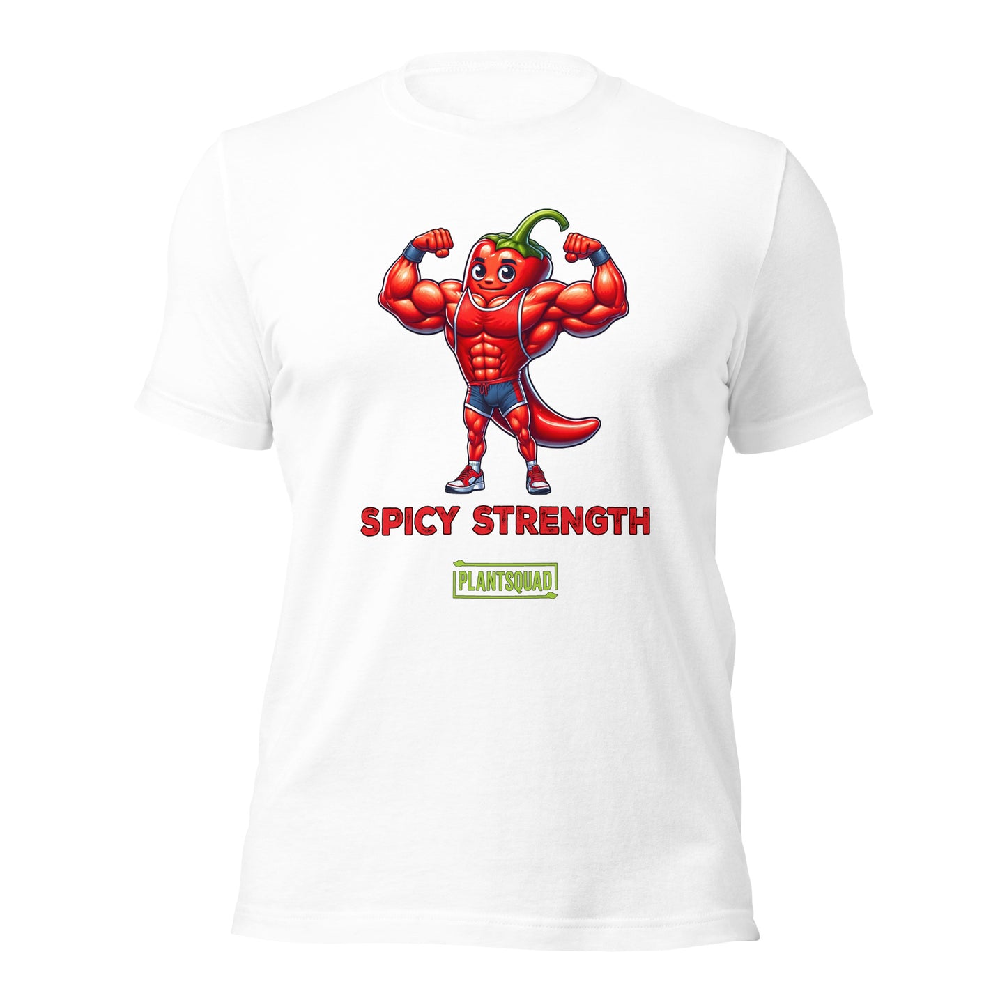 Plantsquad Chilli "Spicy Strength" - Unisex T-Shirt: A black T-shirt featuring a muscular cartoon chili pepper flexing its arms under the words "SPICY STRENGTH" in bold red text. Below that is the green and yellow Plantsquad logo, adding a touch of flair.