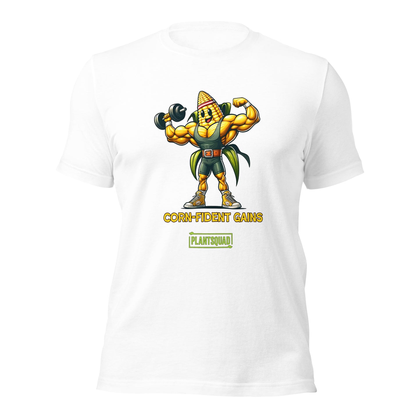 The Plantsquad Corn "Corn-fident Gains" - Unisex T-Shirt showcases a muscular cartoon corn cob sporting a green belt. The text beneath the character reads, "CORN-FIDENT GAINS," with "plantsquad" proudly displayed in a green box below it.