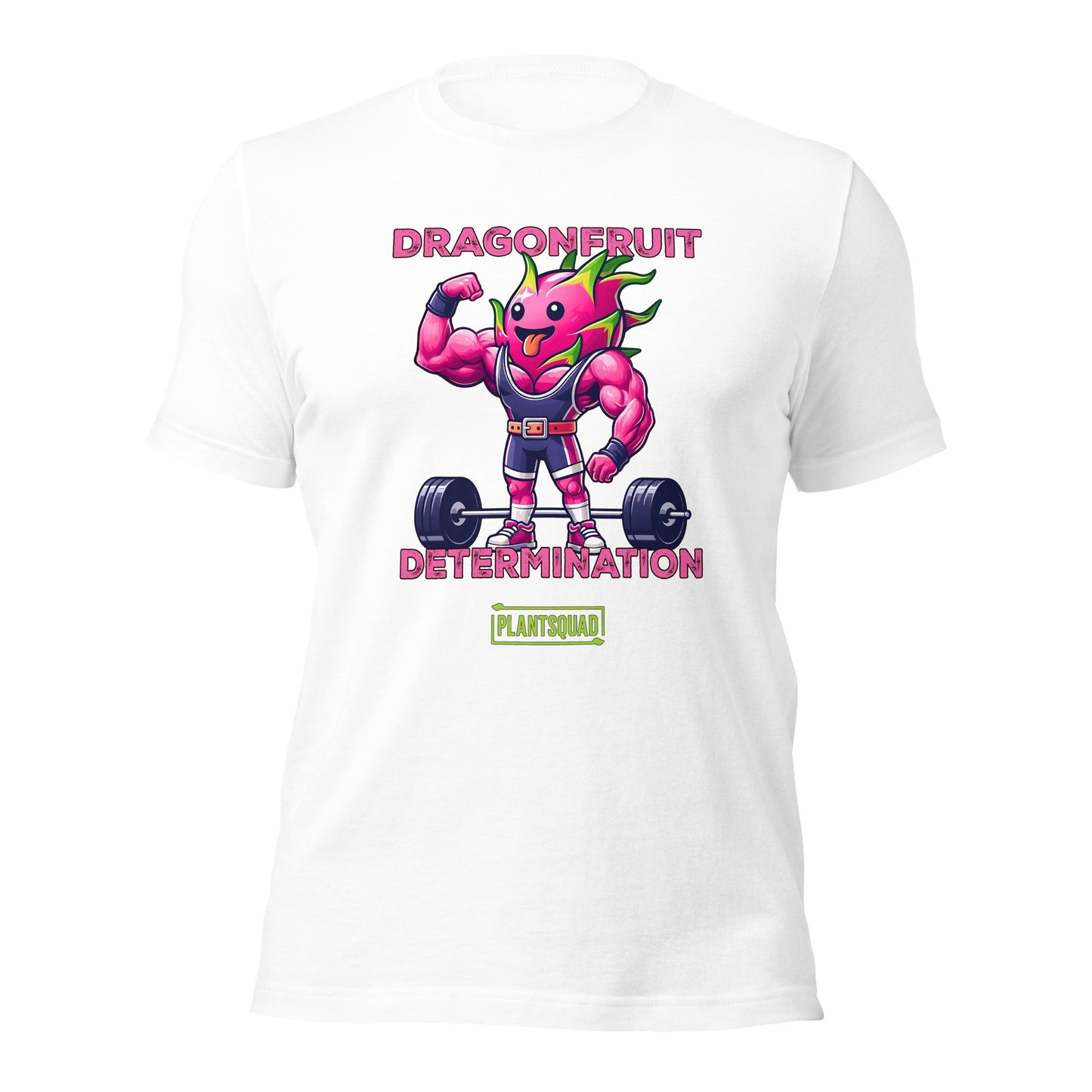 The Plantsquad Dragonfruit "Dragonfruit Determination" - Unisex T-Shirt features a black T-shirt with a muscular anthropomorphic dragon fruit character lifting weights. The text above the character reads "Dragonfruit" and below it reads "Determination." At the bottom, there's a stylish PlantSquad logo.