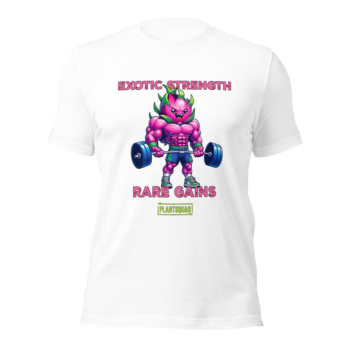 A Plantsquad Dragonfruit "Exotic Strength Rare Gains" - Unisex T-Shirt featuring a muscular anthropomorphic plant figure lifting a barbell. The character boasts bright purple skin and green leaves. Above the figure, text reads "EXOTIC STRENGTH," and below, "RARE GAINS." A small logo at the bottom proudly displays "PLANTSQUAD.