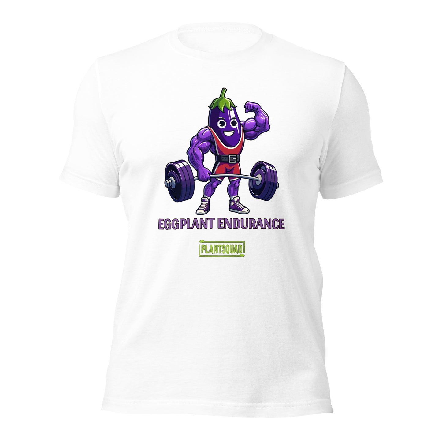 A Plantsquad Eggplant "Eggplant Endurance" - Unisex T-Shirt featuring a muscular animated eggplant character wearing a red and white athletic outfit, lifting a barbell. The text reads "Eggplant Endurance" above "Plantsquad" in green.