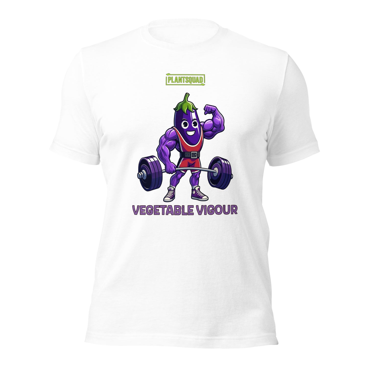 A Plantsquad Eggplant "Vegetable Vigour" - Unisex T-Shirt featuring a cartoon eggplant character lifting a heavy barbell. The muscular, smiling eggplant sports red shorts and green hair. Above the character, it proudly reads "PLANTSQUAD," with "VEGETABLE VIGOUR" in bold purple letters below.