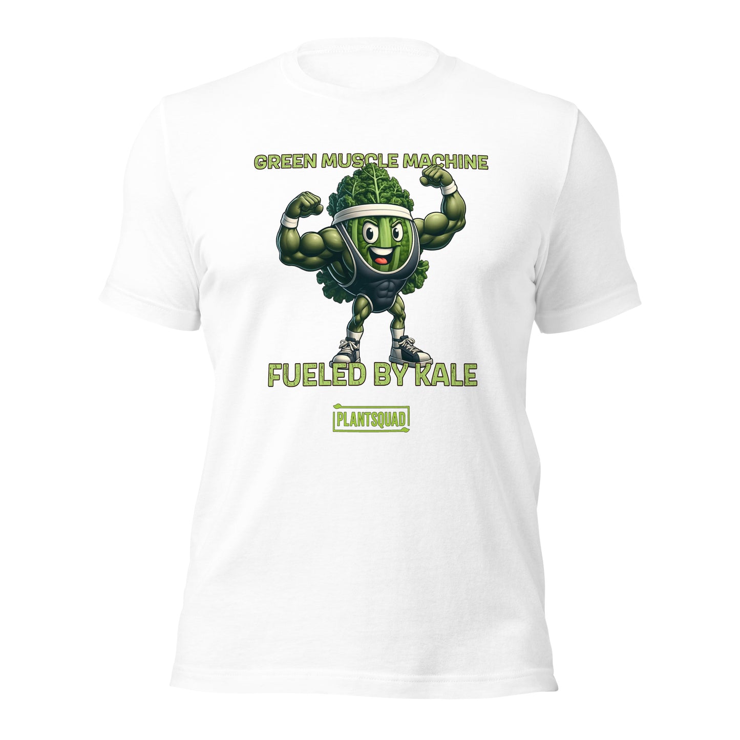 Plantsquad Kale "Green Muscle Machine Fueled By Kale" - Unisex T-Shirt featuring a cartoon kale character with muscular arms, flexing and smiling. The shirt displays the text "GREEN MUSCLE MACHINE" above the character and "FUELED BY KALE" below. Proudly wear your "PLANTSQUAD" mantra at the bottom of this unique design.
