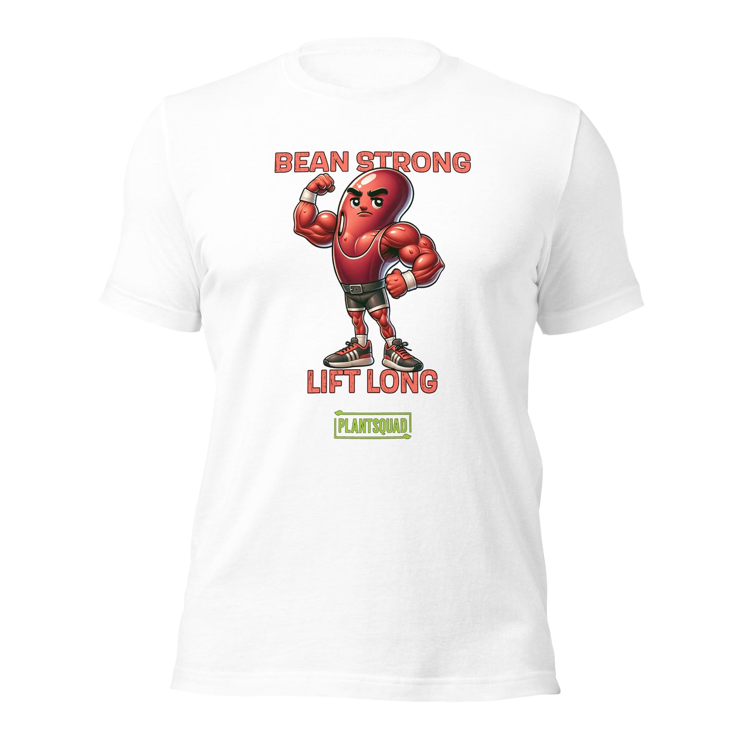 A black t-shirt featuring a muscular cartoon bean character flexing its arm. Above the character are the words "BEAN STRONG" and below it, "LIFT LONG." The bottom of this Plantsquad Kidney Bean "Bean Strong Lift Long" - Unisex T-Shirt proudly displays the "PLANTSQUAD" logo.