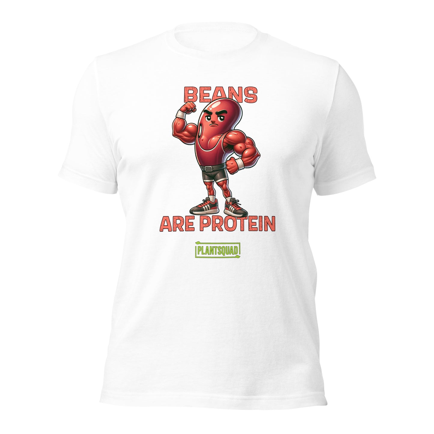 A black t-shirt featuring a muscular cartoon bean character with arms flexed. Above the character, red text reads "Beans," and below it, "Are Protein" is displayed in orange. Beneath that, the word "Plantsquad" is prominently written in green — Plantsquad Kidney Bean "Beans Are Protein" - Unisex T-Shirt.