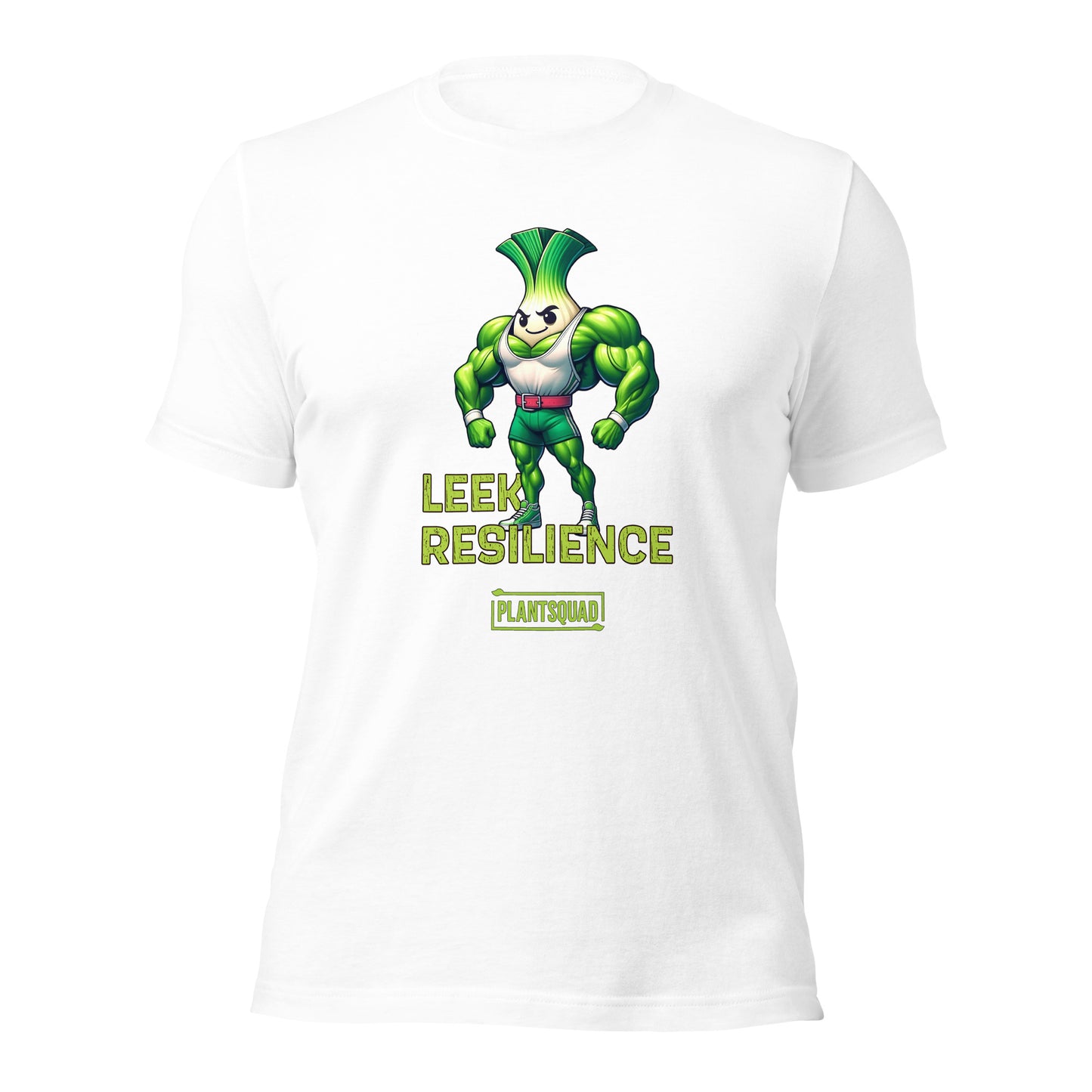 A black T-shirt features a muscular cartoon leek with a determined expression, perfect for embracing a plant-based lifestyle. The leek has a white bulb and green foliage, wearing red shorts. Text reads "Leek Resilience" above and "Plant Squad" below, making it the ultimate fitness t-shirt. Introducing the Plantsquad Leek "Leek Resilience" - Unisex T-Shirt!