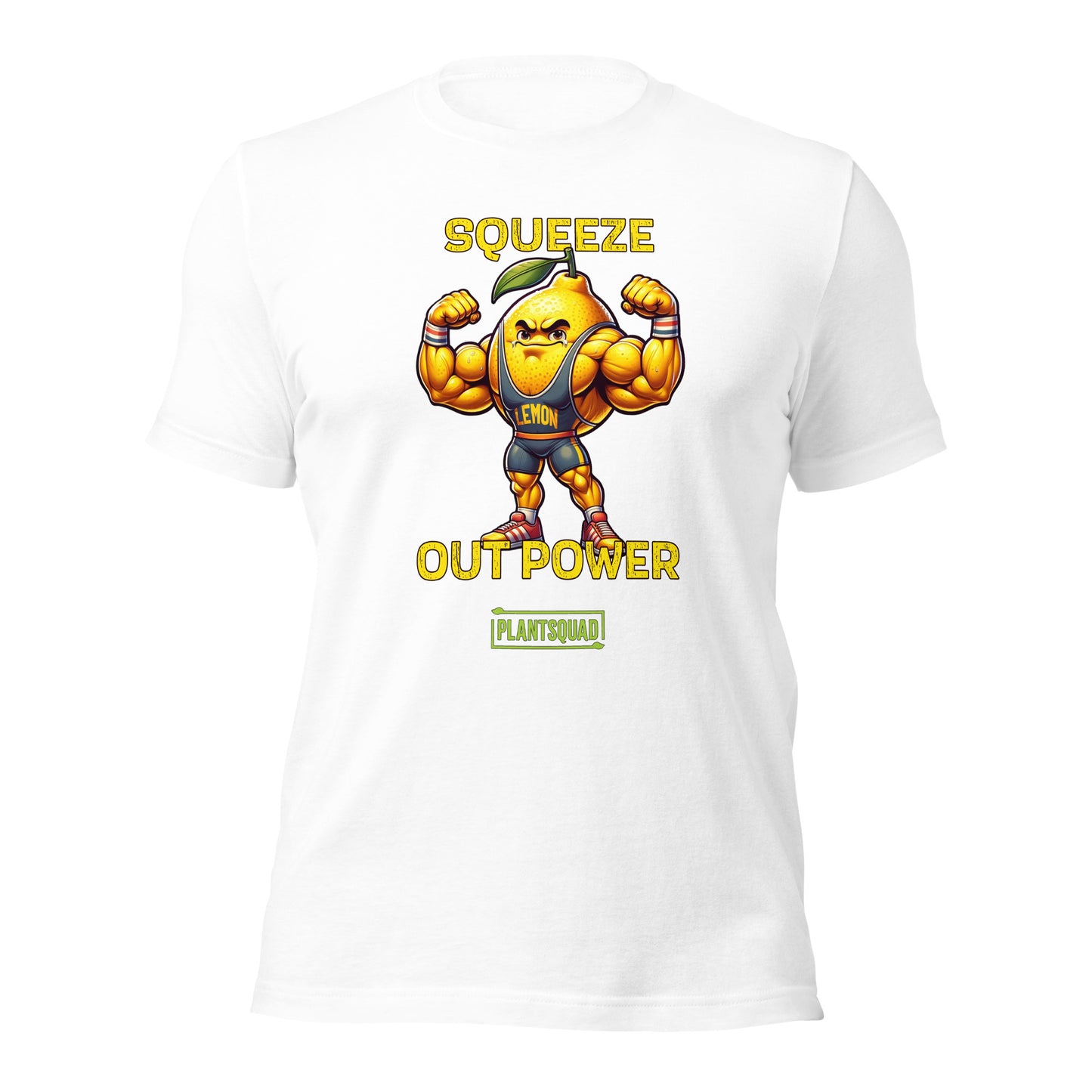 A black Plantsquad Lemon "Squeeze Out Power" - Unisex T-Shirt featuring a muscular lemon character flexing its arms with the text "Squeeze Out Power" in yellow. Perfect for fitness enthusiasts and those embracing a vegan lifestyle, the word "LEMON" appears on the character's chest, with "PLANTSQUAD" in a green box at the bottom.