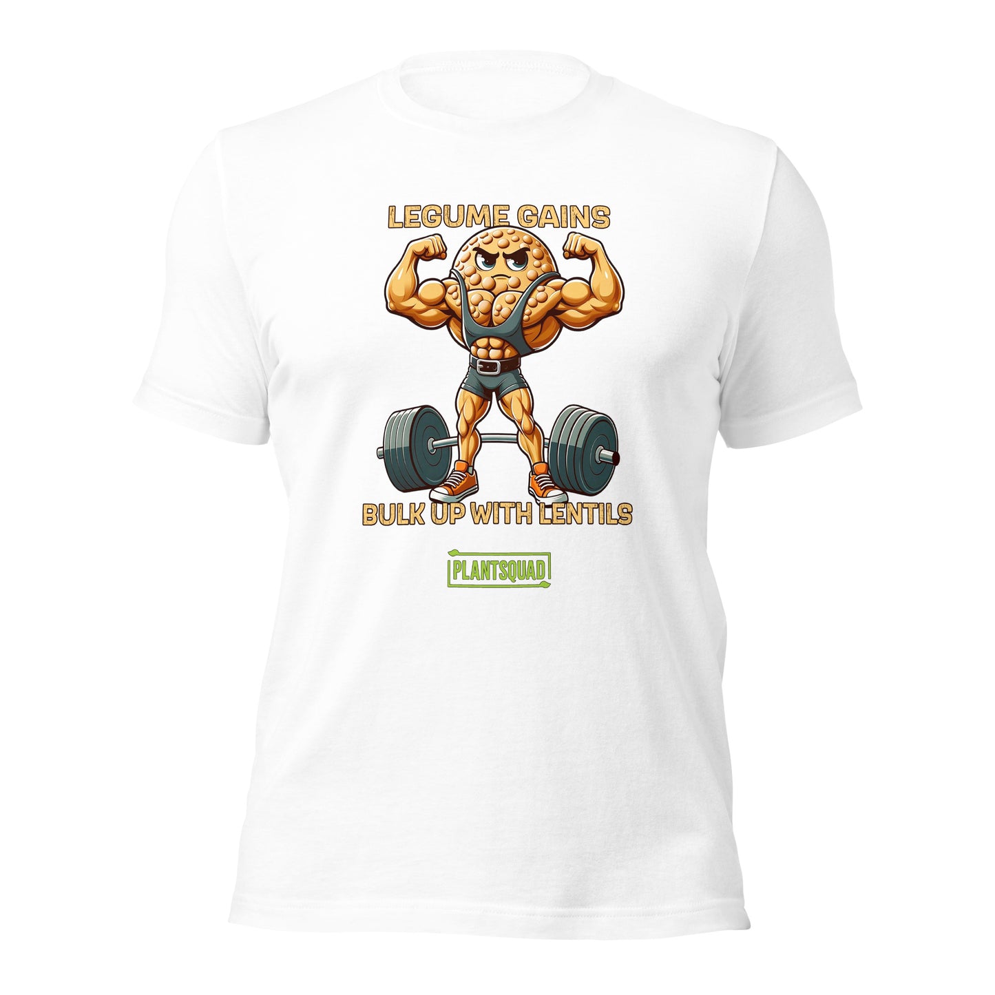 A black Plantsquad Lentil "Legume Gains Bulk Up With Lentils" - Unisex T-Shirt featuring a muscular cartoon lentil character lifting heavy weights. The text above reads "LEGUME GAINS" and below reads "BULK UP WITH LENTILS." Perfect for fitness enthusiasts embracing the vegan lifestyle, it boasts breathable fabric. The logo "PLANTSQUAD" is displayed at the bottom.