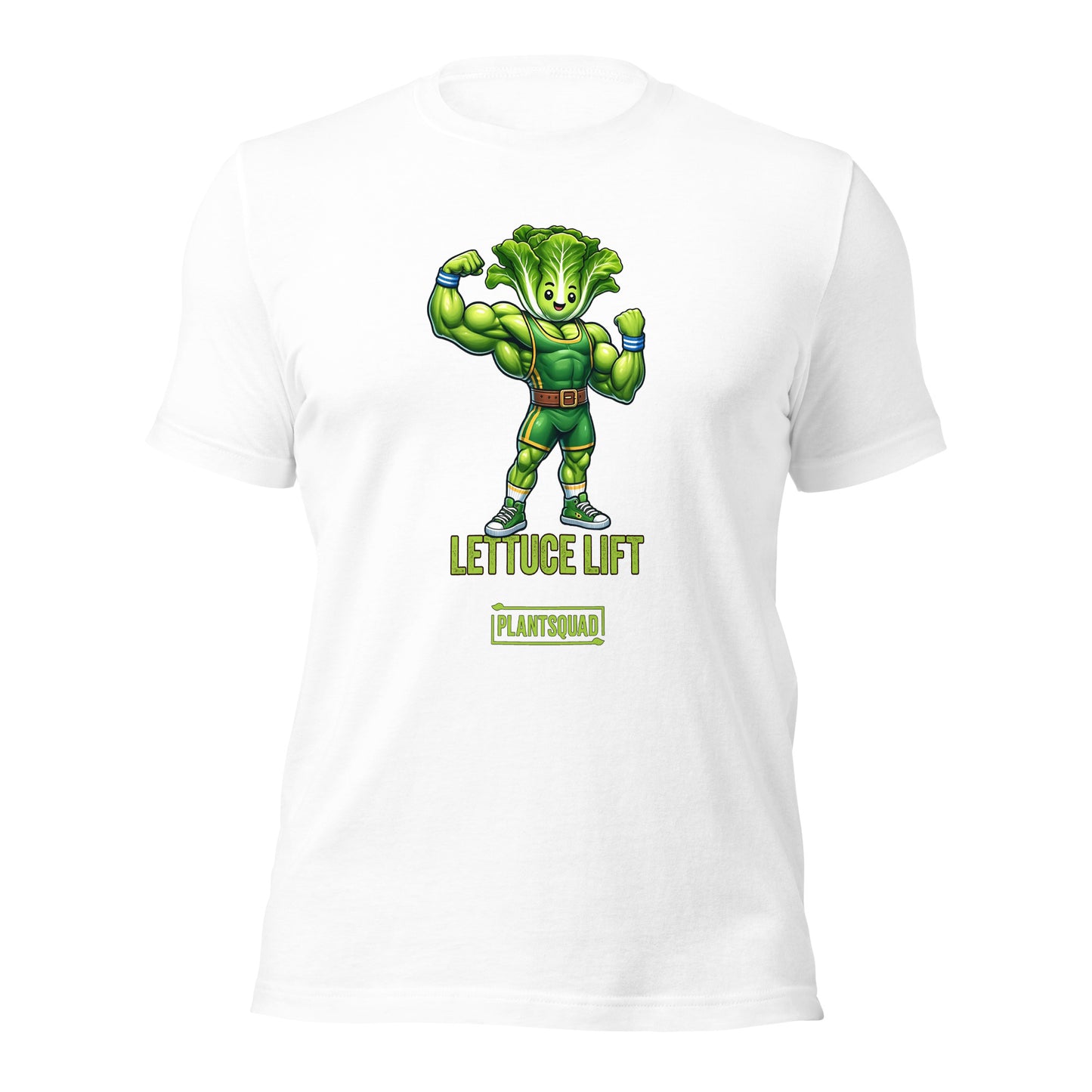 A Plantsquad Lettuce "Lettuce Lift" - Unisex T-Shirt featuring a muscular anthropomorphic lettuce flexing its arms. Below the image, the text reads "LETTUCE LIFT" in bold green letters, with "PLANTSQUAD" in a smaller font—perfect for fitness enthusiasts embracing a plant-based lifestyle.