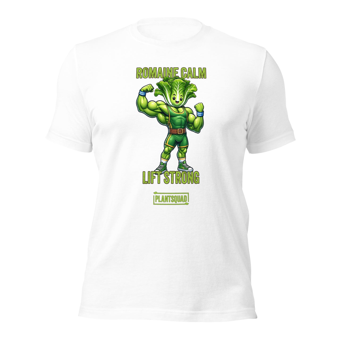 Product Name: Plantsquad Lettuce "Romaine Calm Lift Strong" - Unisex T-Shirt

Sentence: A black T-shirt featuring an illustration of a muscular, anthropomorphic lettuce lifting weights. Perfect for fitness enthusiasts embracing a vegan lifestyle, it reads "ROMAINE CALM" above the illustration and "LIFT STRONG" below, with "Plantsquad Lettuce 'Romaine Calm Lift Strong' - Unisex T-Shirt" at the bottom.