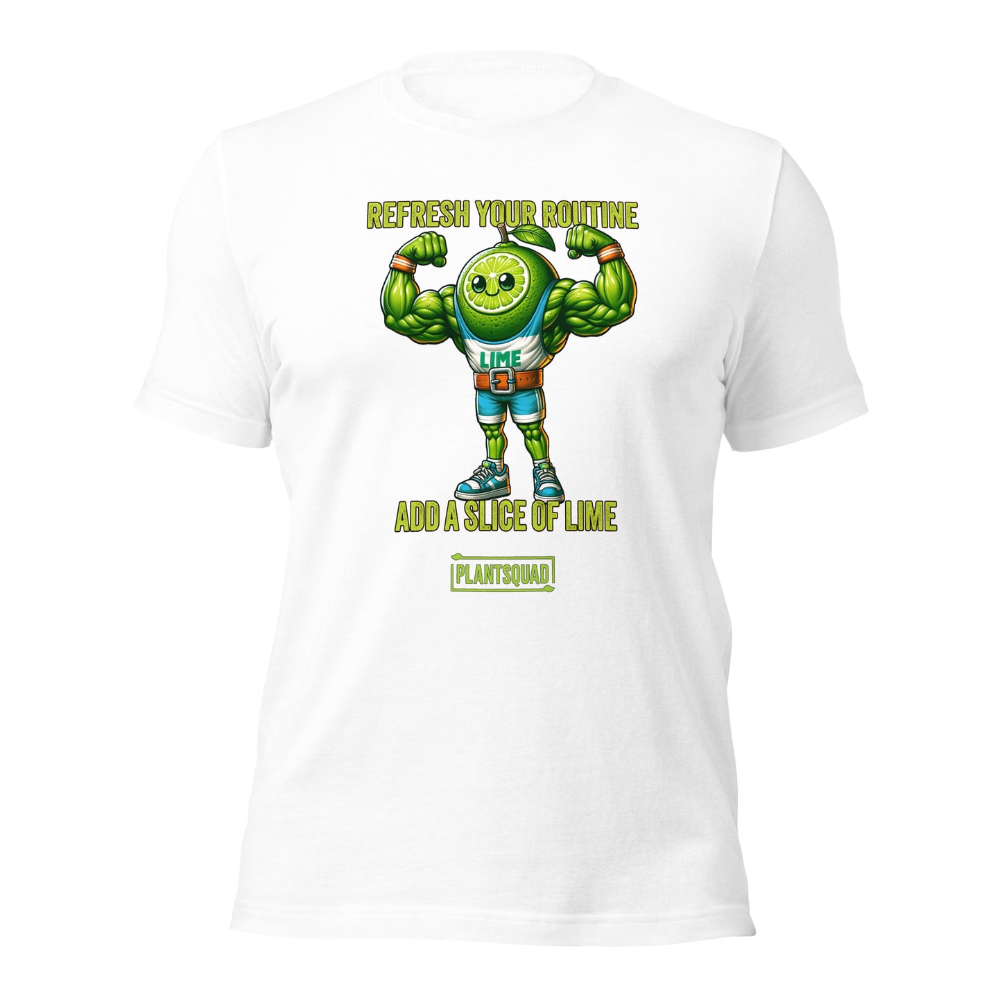 A black Plantsquad Lime "Refresh Your Routine Add A Slice Of Lime" - Unisex T-Shirt featuring an image of a muscular lime slice character wearing sports attire with the number 93. Above the character, the text reads "Refresh Your Routine," and below, "Add a Slice of Lime." At the bottom, the word "Plant Squad" is displayed, promoting a plant-based lifestyle.