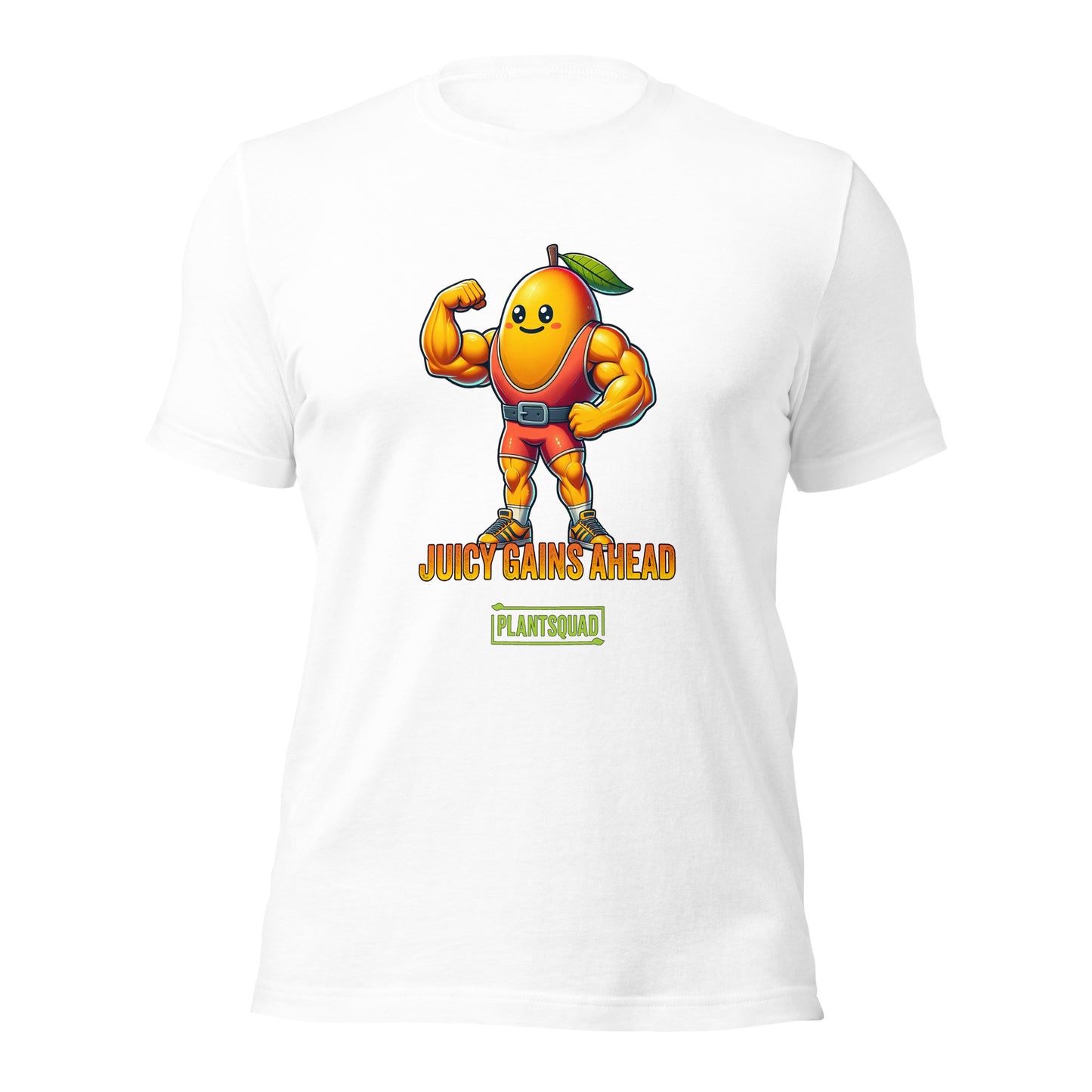 A black Plantsquad Mango "Juicy Gains Ahead" - Unisex T-Shirt featuring a muscular, anthropomorphic orange fruit character with a leaf on its head, flexing its biceps. Text below the character reads "JUICY GAINS AHEAD" with "PLANTSQUAD" in a box underneath. Perfect fitness apparel for those living a plant-based lifestyle.