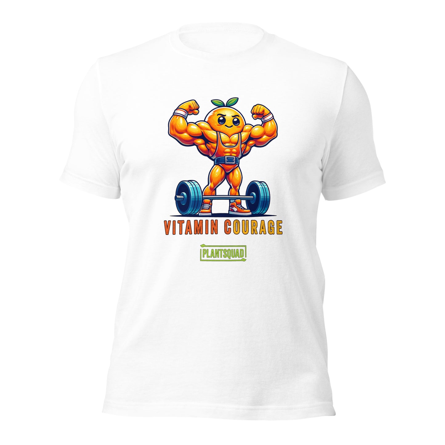 Plantsquad Orange "Vitamin Courage" - Unisex T-Shirt featuring a muscular, anthropomorphic orange lifting a barbell. The text reads "VITAMIN COURAGE" above and "PLANTSQUAD" inside a green rectangle below the image, perfect for fitness enthusiasts and those embracing a plant-based lifestyle.