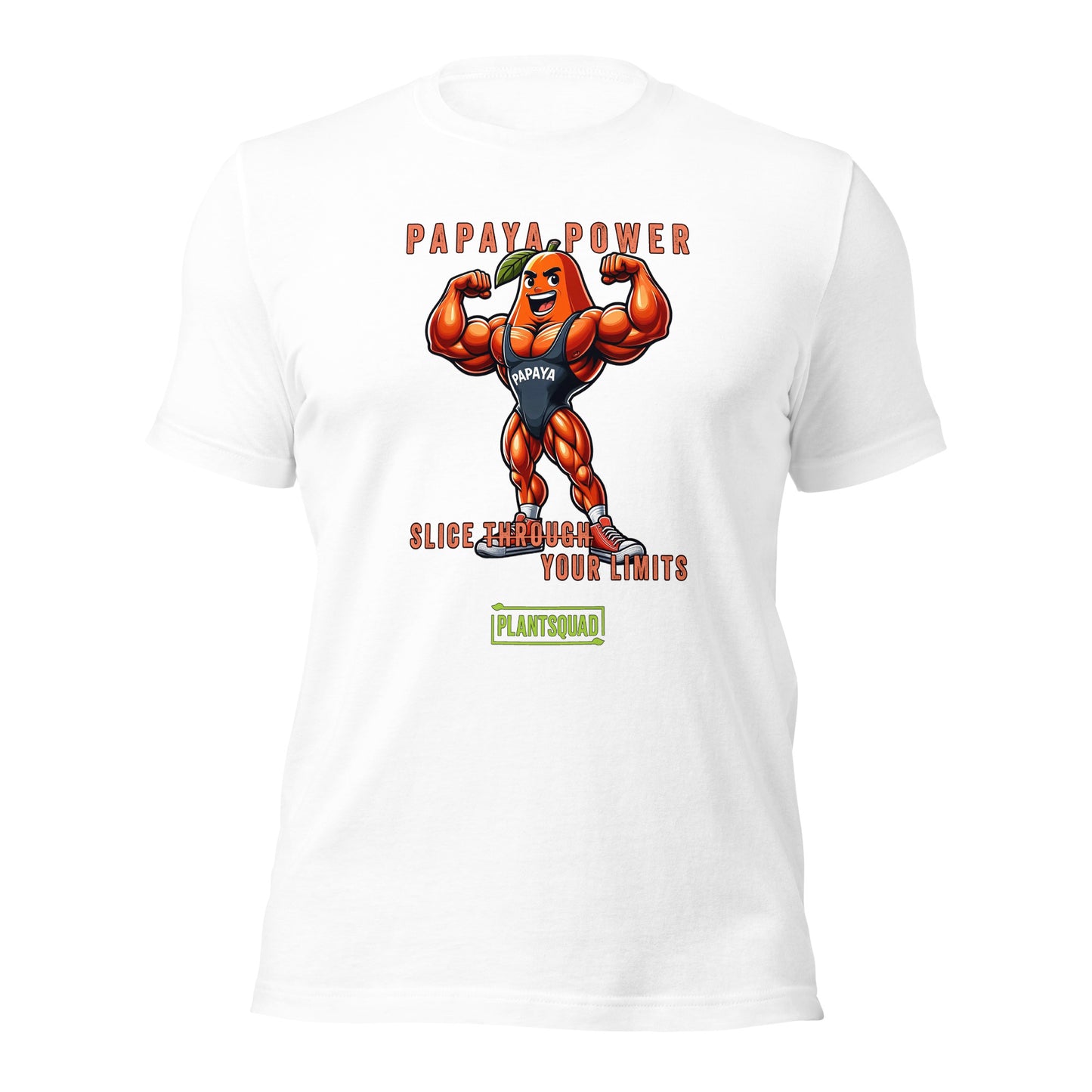 A black Plantsquad Papaya "Papaya Power Slice Through Your Limits" - Unisex T-Shirt featuring a muscular cartoon papaya flexing its arms with the text "PAPAYA POWER" above. Below, the phrase "SLICE THROUGH YOUR LIMITS" is written, celebrating a vegan lifestyle for fitness enthusiasts, with the brand name "PLANTSQUAD" at the bottom.