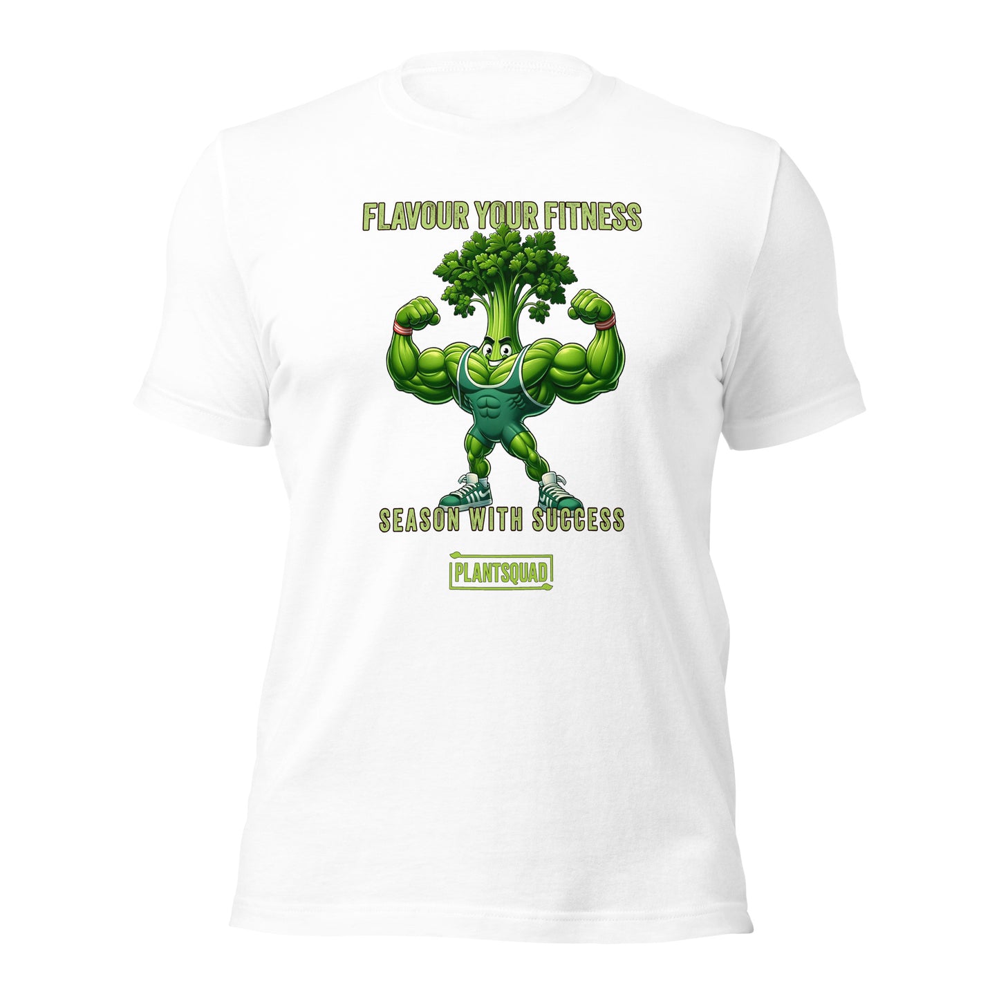 Plantsquad Parsley "Flavour Your Fitness Season With Success" - Unisex T-Shirt with a cartoon muscular broccoli character flexing its arms. The text above the character reads "FLAVOUR YOUR FITNESS." Below the character, the text says "SEASON WITH SUCCESS," and at the bottom, a logo reads "PLANTSQUAD." Perfect for enthusiasts of the vegan lifestyle.