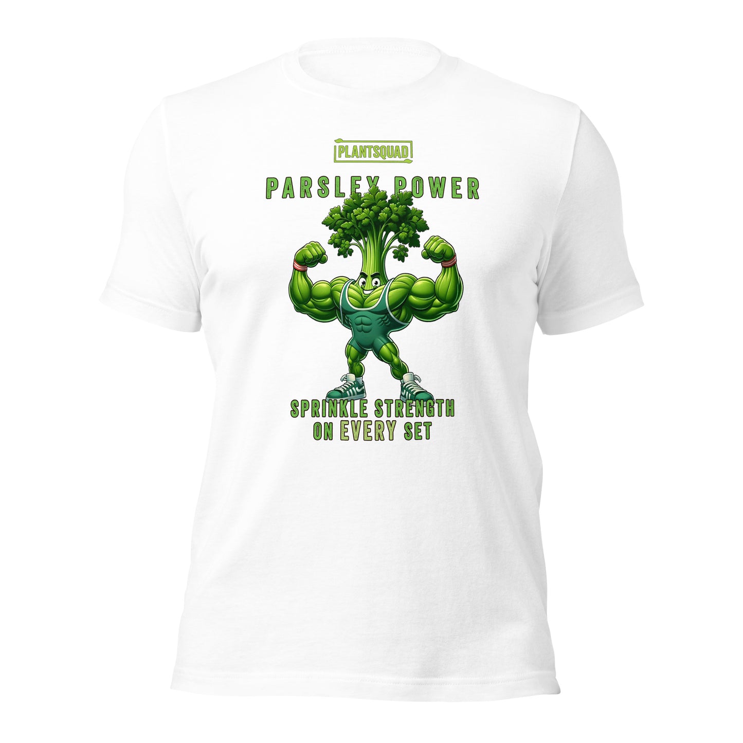 A black **Plantsquad Parsley "Parsley Power Sprinkle Strength On Every Set" - Unisex T-Shirt** featuring a muscular green cartoon parsley character flexing its arms, with the text “PLANTSQUAD PARSLEY POWER” above and “SPRINKLE STRENGTH ON EVERY SET” below it. Perfect for those embracing a vegan lifestyle!