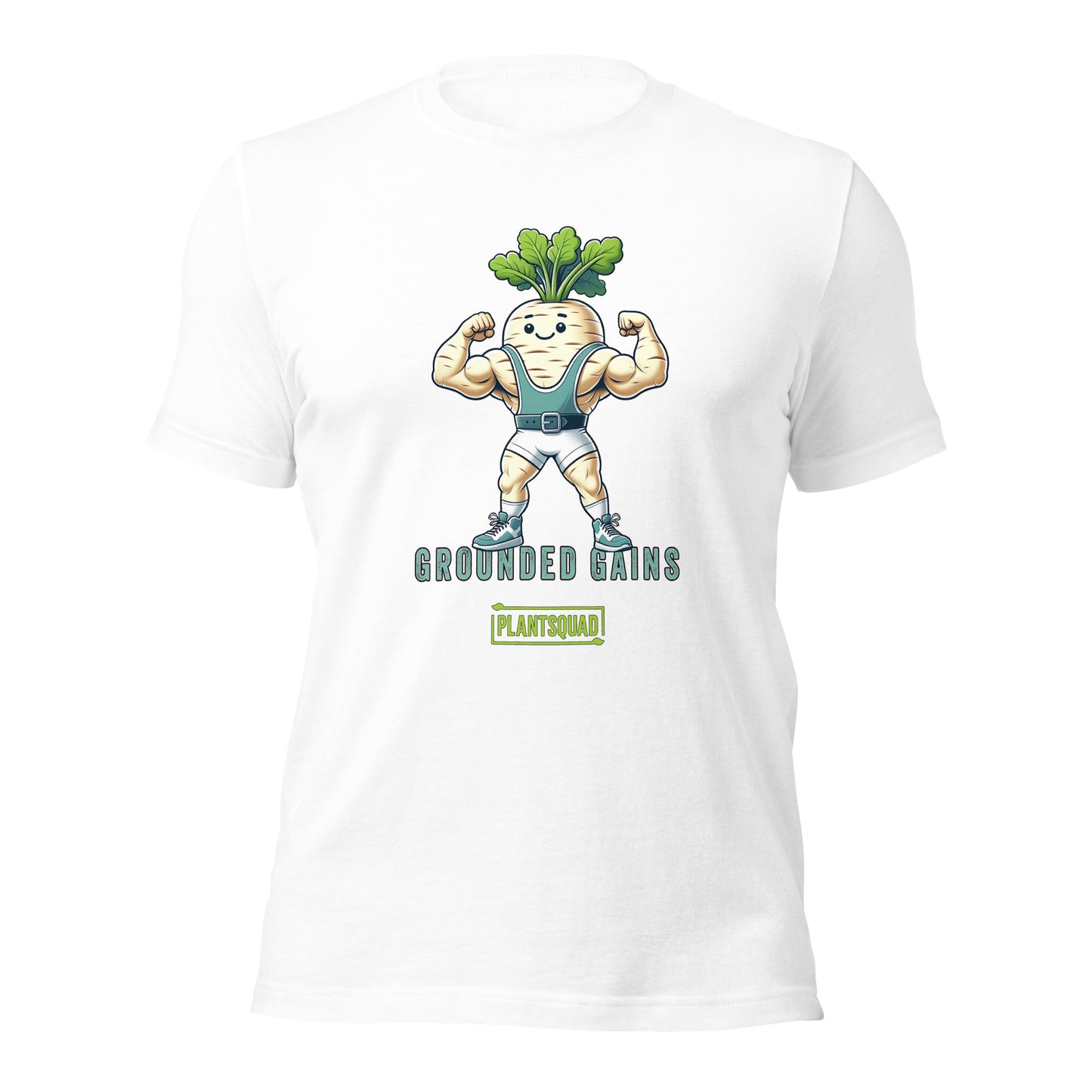 A black vegan T-shirt featuring an illustration of a muscular radish character flexing its arms. Above the character are the words "Grounded Gains," and below is a green box with "Plantsquad" written inside. The design promotes plant-based strength and fitness apparel for a plant-based lifestyle. 

Product Name: Plantsquad Parsnip "Grounded Gains" - Unisex T-Shirt