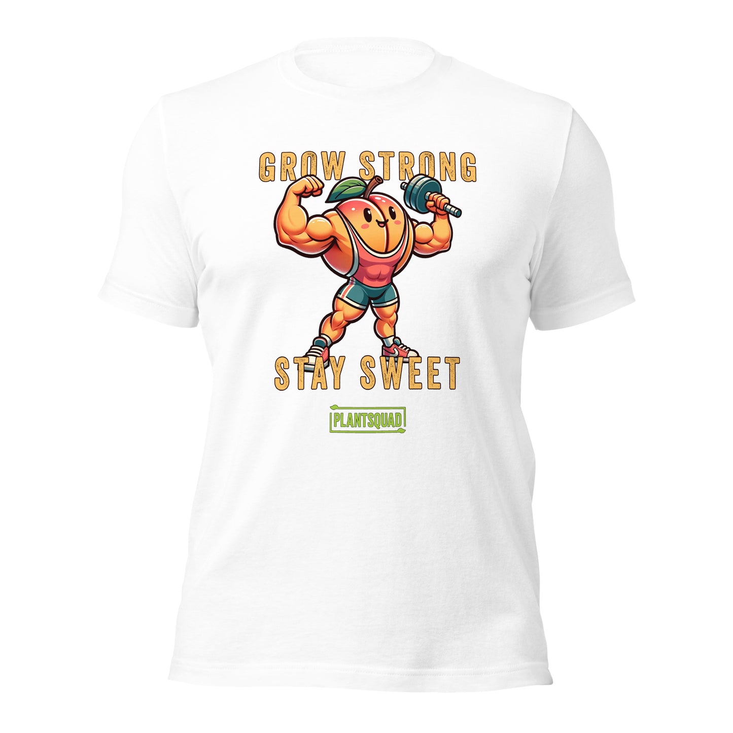 The Plantsquad Peach "Grow Strong Stay Sweet" - Unisex T-Shirt features an illustration of a muscular, anthropomorphic peach wearing a headband, wristbands, and shorts, lifting a barbell. The text above reads "GROW STRONG" and below reads "STAY SWEET" with a "PLANTSQUAD" logo at the bottom. Perfect for those embracing a plant-based lifestyle and fitness apparel.