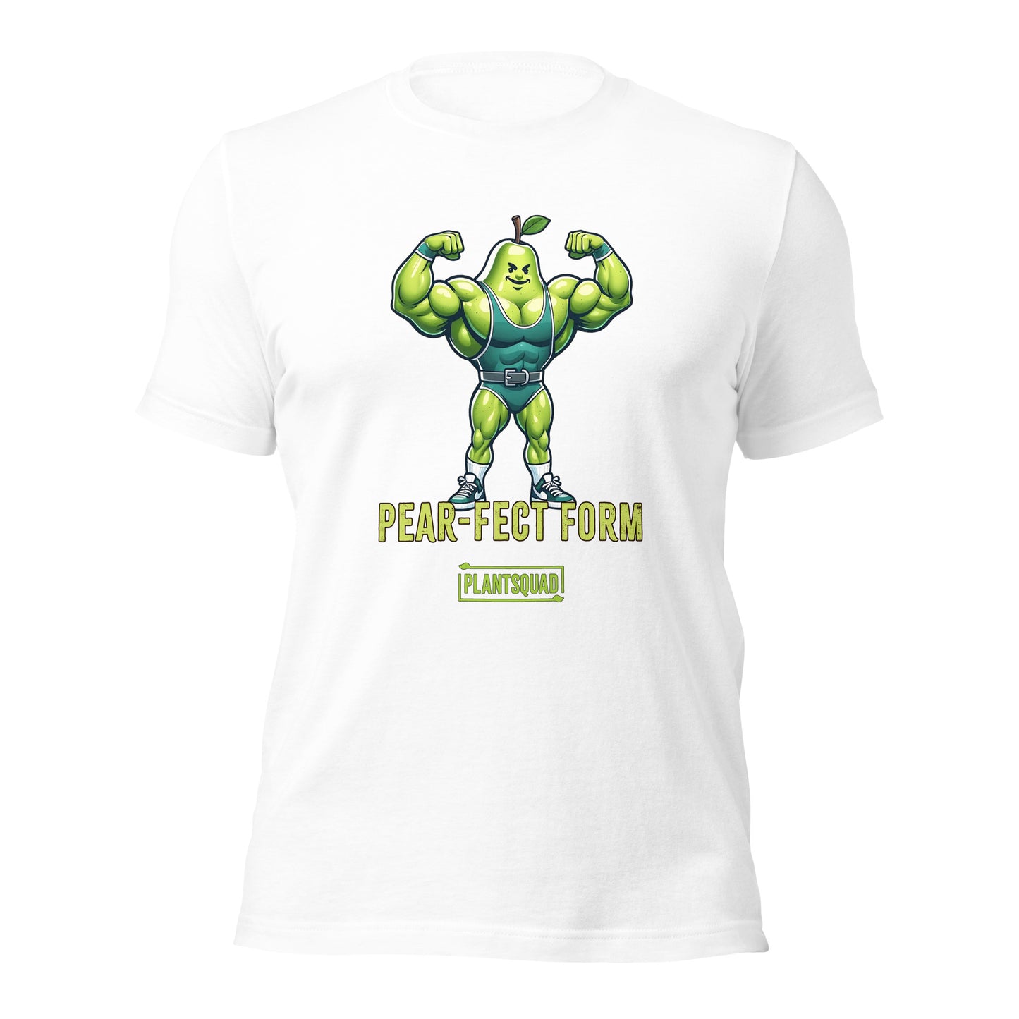 A Plantsquad Pear "Pear-fect Form" - Unisex T-Shirt featuring an illustration of a muscular, flexing pear with a green leaf on top, wearing gym clothes and sneakers. Crafted from breathable fabric, it’s perfect for fitness enthusiasts. Below the image are the words "PEAR-FECT FORM" and "PLANT SQUAD" in yellow and green text.